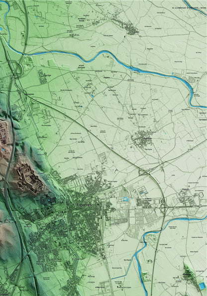 Mapa artístico del relieve de Vilafant, al Alt Empordà, con 15 km de entorno y base topográfica ICGC. Detalle de la zona superior derecha.