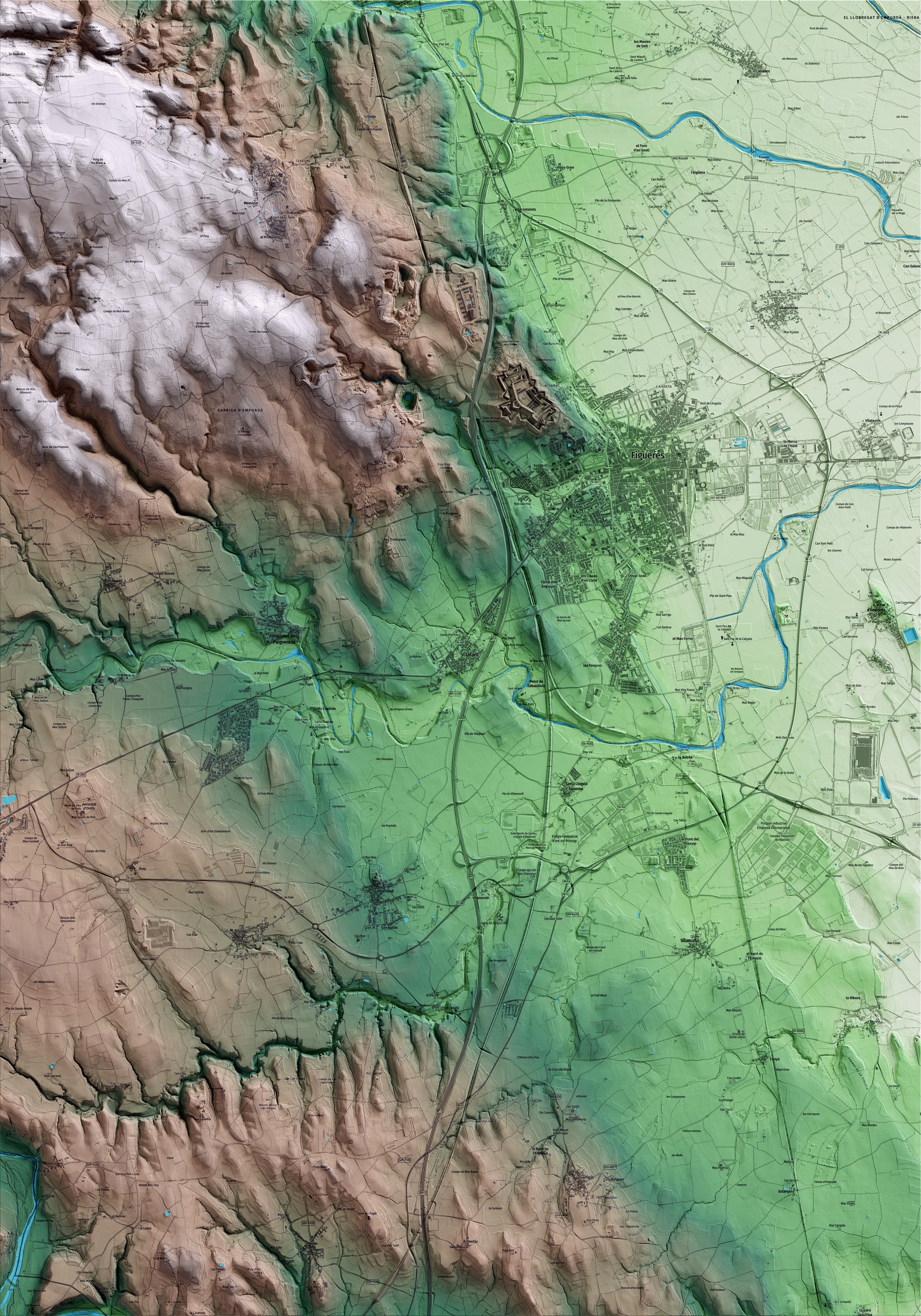 Mapa artístico del relieve de Vilafant, al Alt Empordà, con 15 km de entorno y base topográfica ICGC