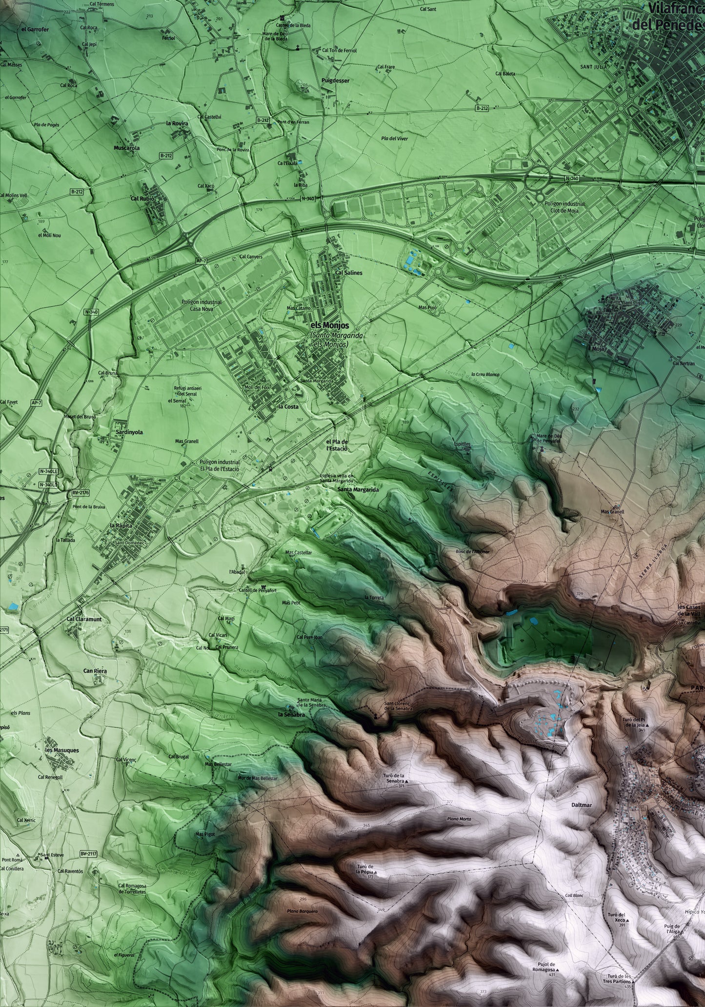 Mapa artístico del relieve de Vilafranca del Penedès, al Alt Penedès, con 15 km de entorno y base topográfica ICGC. Detalle de la zona inferior izquierda.