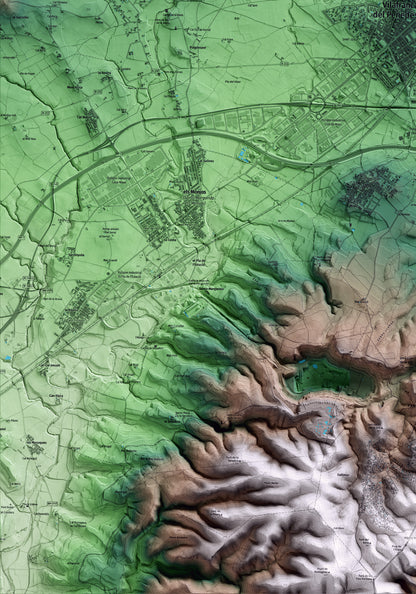 Mapa artístico del relieve de Vilafranca del Penedès, al Alt Penedès, con 15 km de entorno y base topográfica ICGC. Detalle de la zona inferior izquierda.
