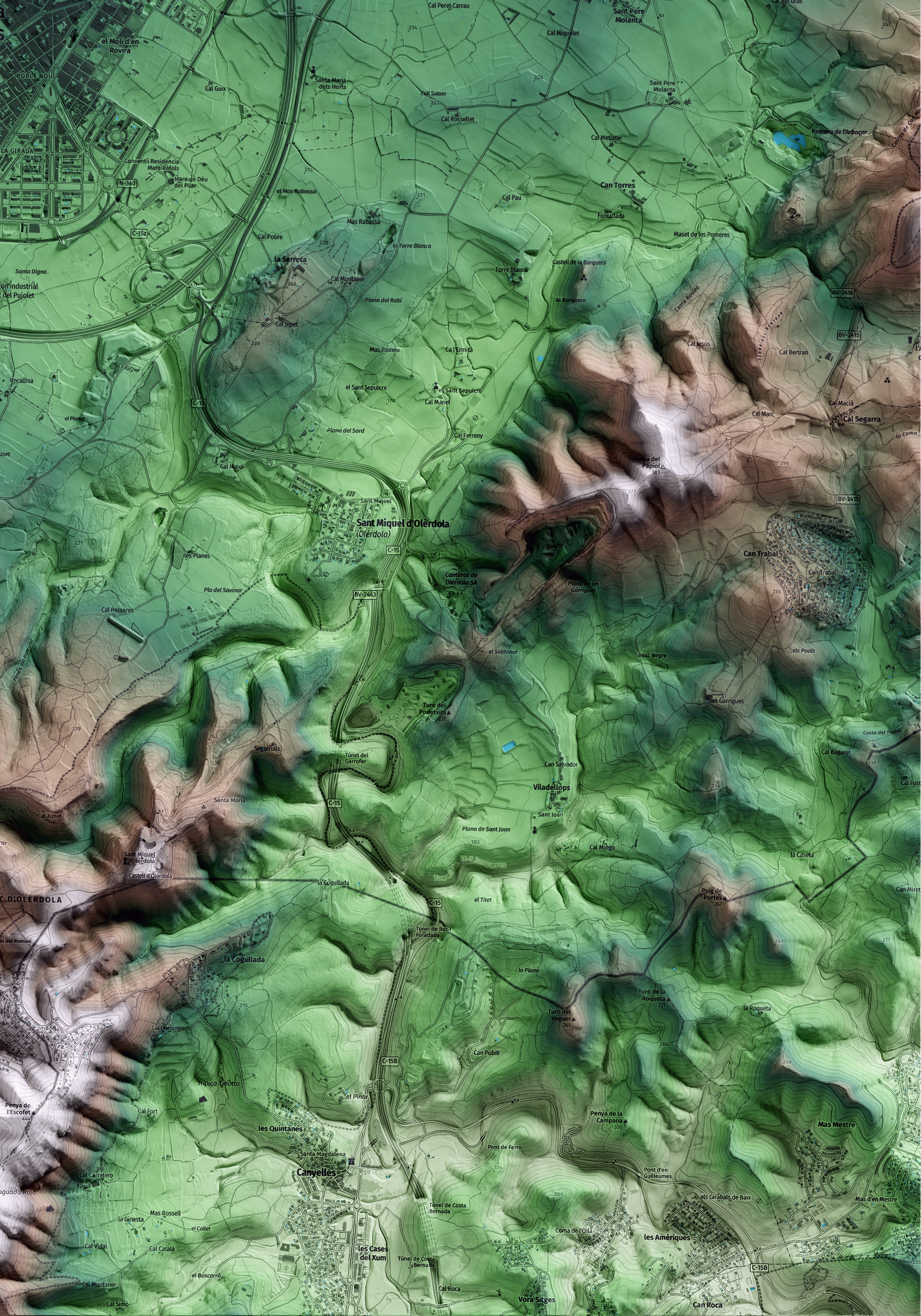 Mapa artístico del relieve de Vilafranca del Penedès, al Alt Penedès, con 15 km de entorno y base topográfica ICGC. Detalle de la zona inferior derecha.