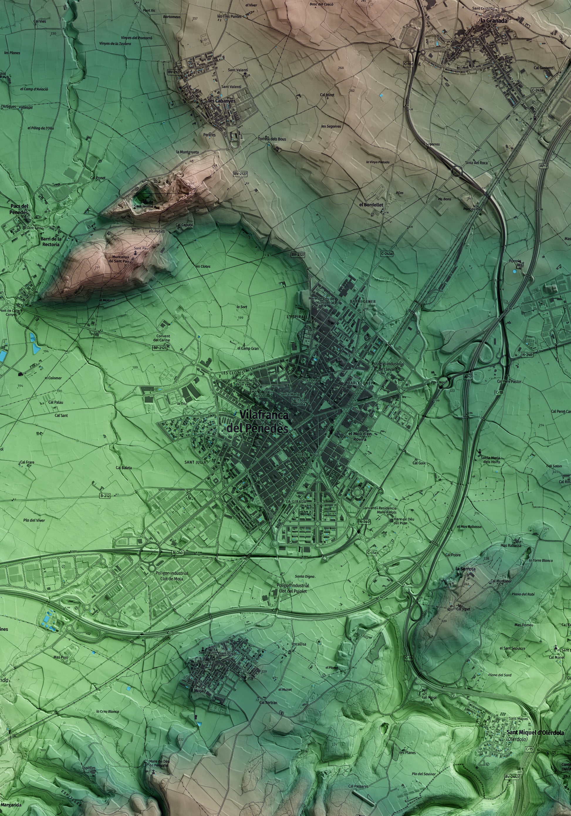 Mapa artístico del relieve de Vilafranca del Penedès, al Alt Penedès, con 15 km de entorno y base topográfica ICGC. Detalle de la zona central.