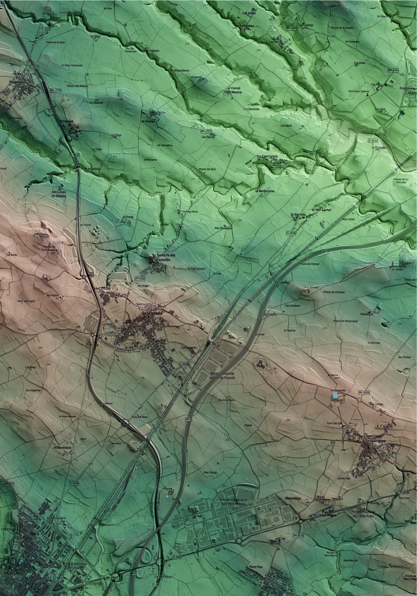 Mapa artístico del relieve de Vilafranca del Penedès, al Alt Penedès, con 15 km de entorno y base topográfica ICGC. Detalle de la zona superior derecha.
