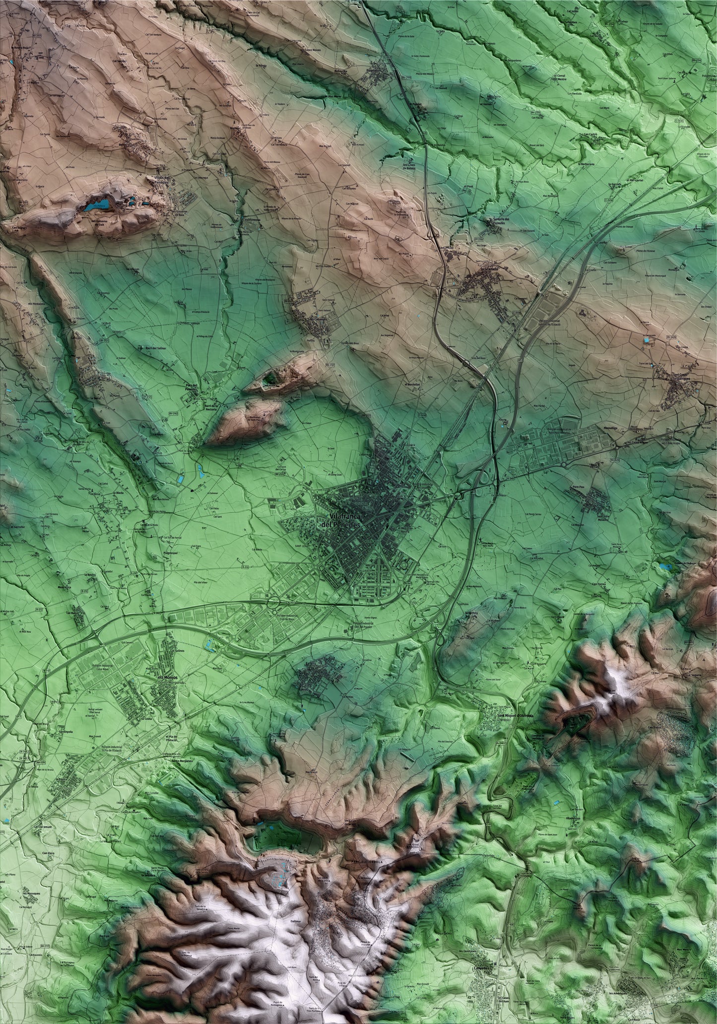 Mapa artístico del relieve de Vilafranca del Penedès, al Alt Penedès, con 15 km de entorno y base topográfica ICGC