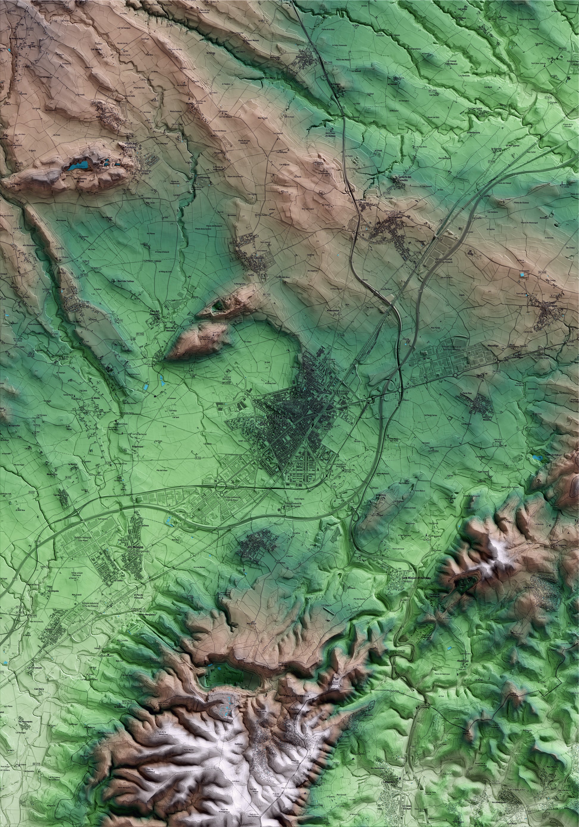 Mapa artístico del relieve de Vilafranca del Penedès, al Alt Penedès, con 15 km de entorno y base topográfica ICGC