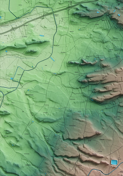 Mapa artístico del relieve de Vilagrassa, al Urgell, con 15 km de entorno y base topográfica ICGC. Detalle de la zona inferior izquierda.