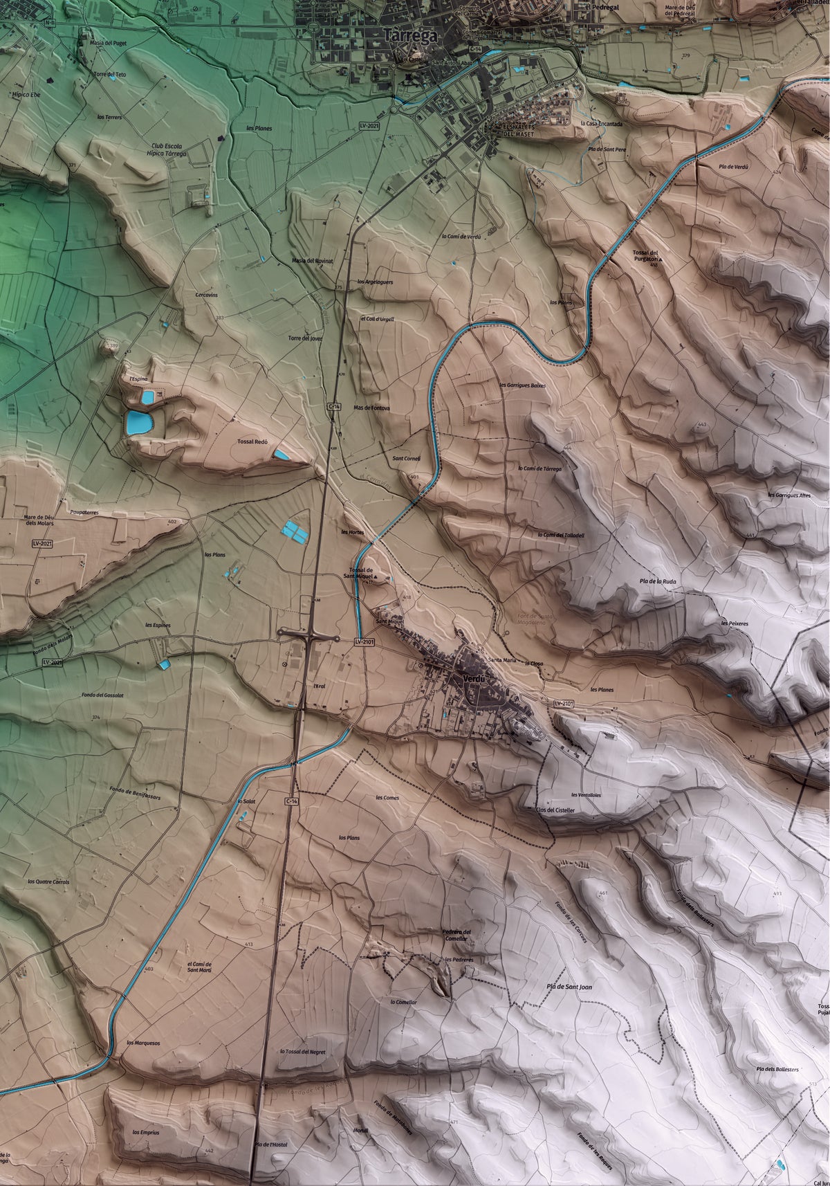 Mapa artístico del relieve de Vilagrassa, al Urgell, con 15 km de entorno y base topográfica ICGC. Detalle de la zona inferior derecha.