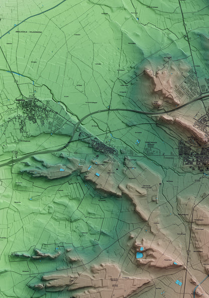 Mapa artístico del relieve de Vilagrassa, al Urgell, con 15 km de entorno y base topográfica ICGC. Detalle de la zona central.