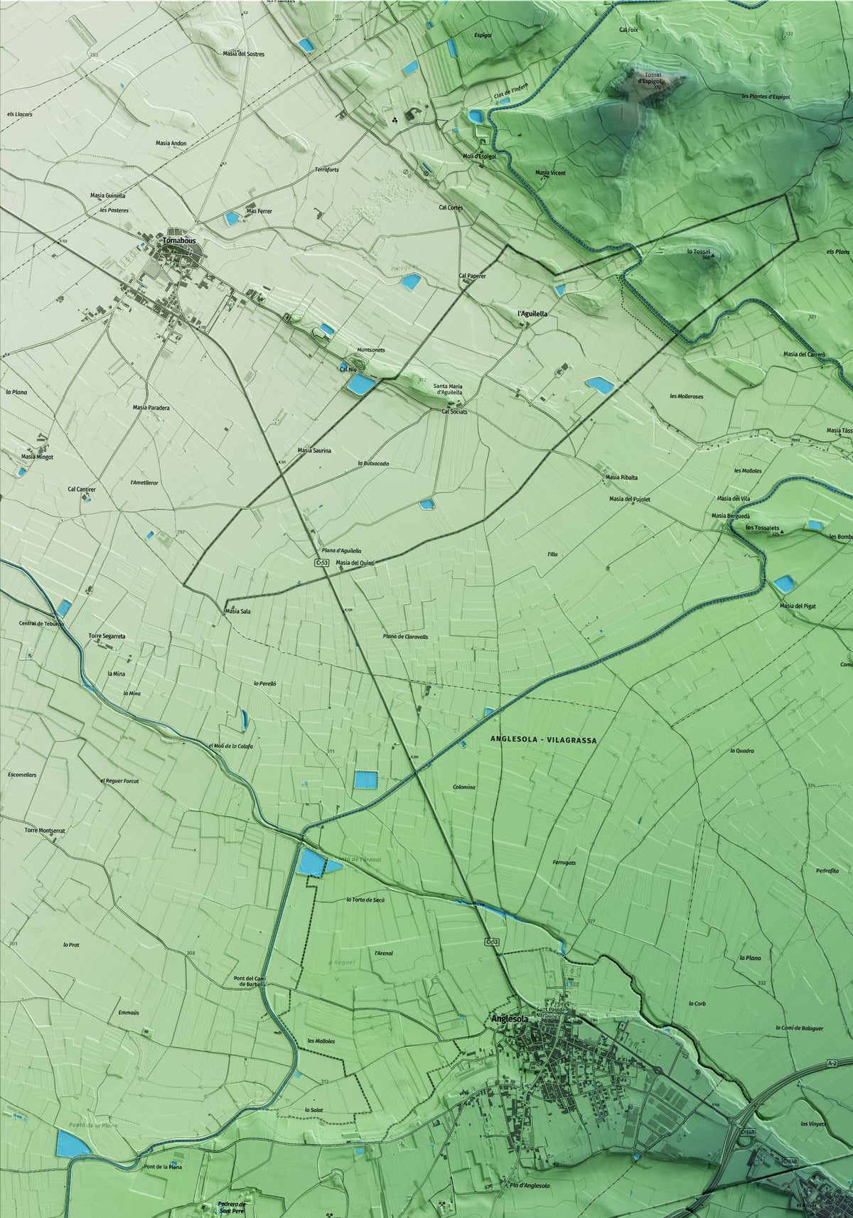 Mapa artístico del relieve de Vilagrassa, al Urgell, con 15 km de entorno y base topográfica ICGC. Detalle de la zona superior izquierda.