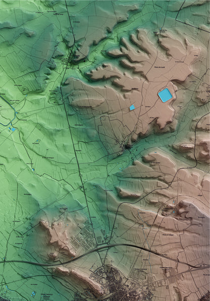 Mapa artístico del relieve de Vilagrassa, al Urgell, con 15 km de entorno y base topográfica ICGC. Detalle de la zona superior derecha.