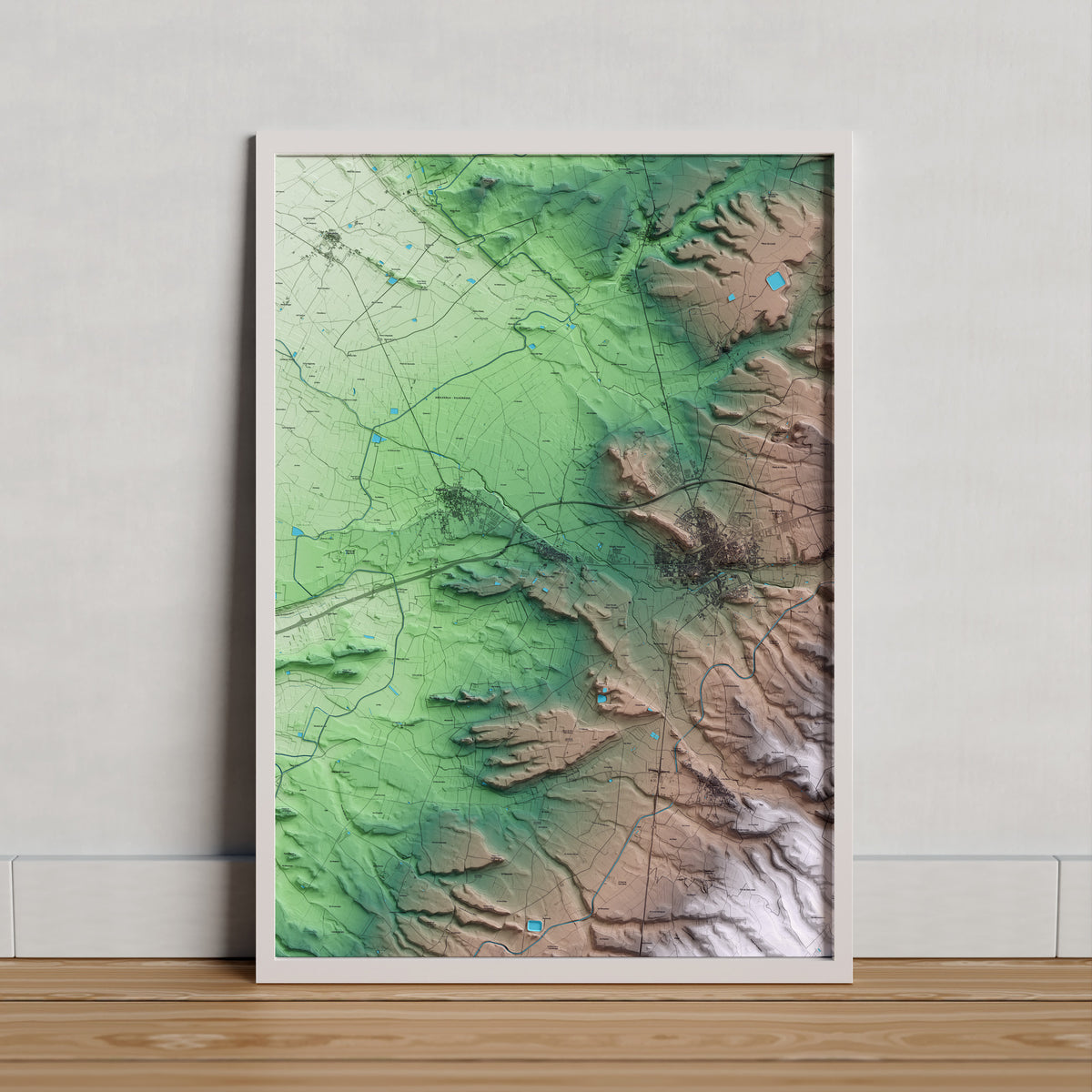 Mapa artístico del relieve de Vilagrassa, al Urgell, con 15 km de entorno y base topográfica ICGC. Presentación enmarcada.