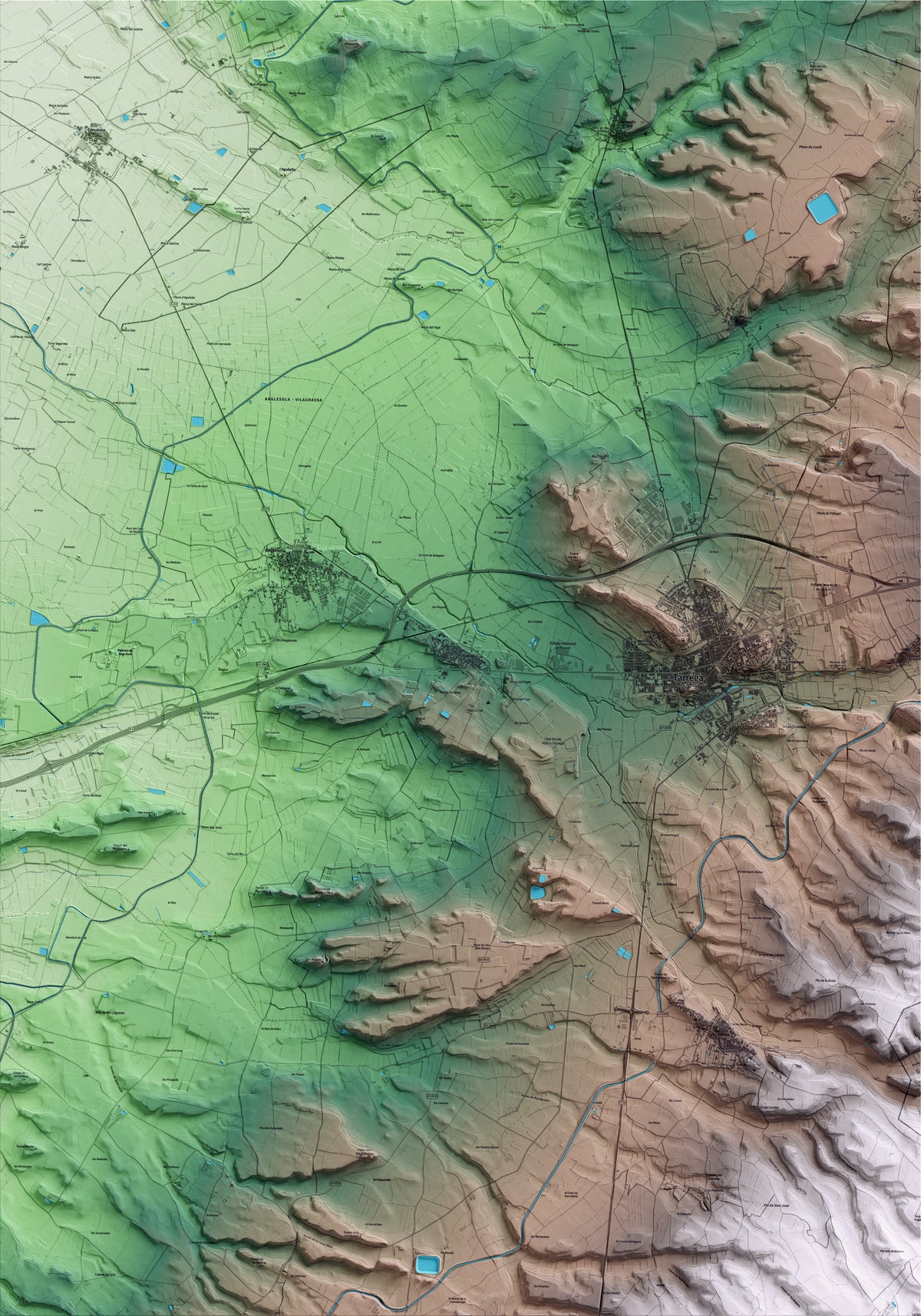 Mapa artístico del relieve de Vilagrassa, al Urgell, con 15 km de entorno y base topográfica ICGC