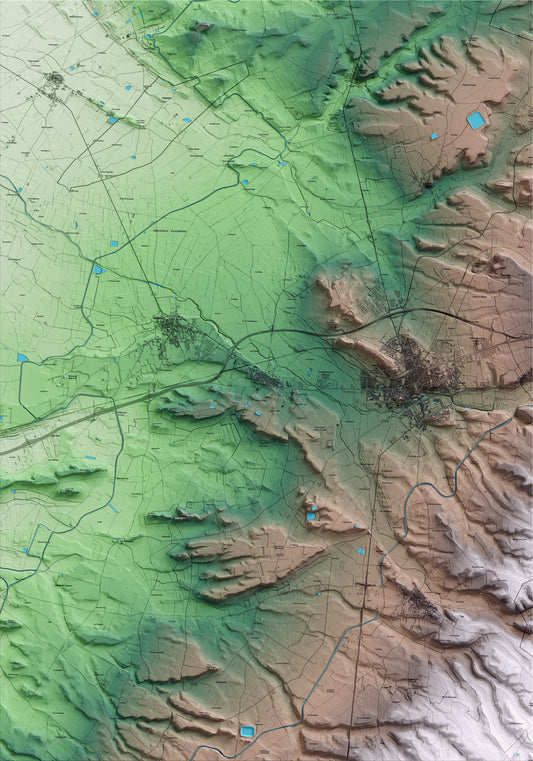 Mapa artístico del relieve de Vilagrassa, al Urgell, con 15 km de entorno y base topográfica ICGC