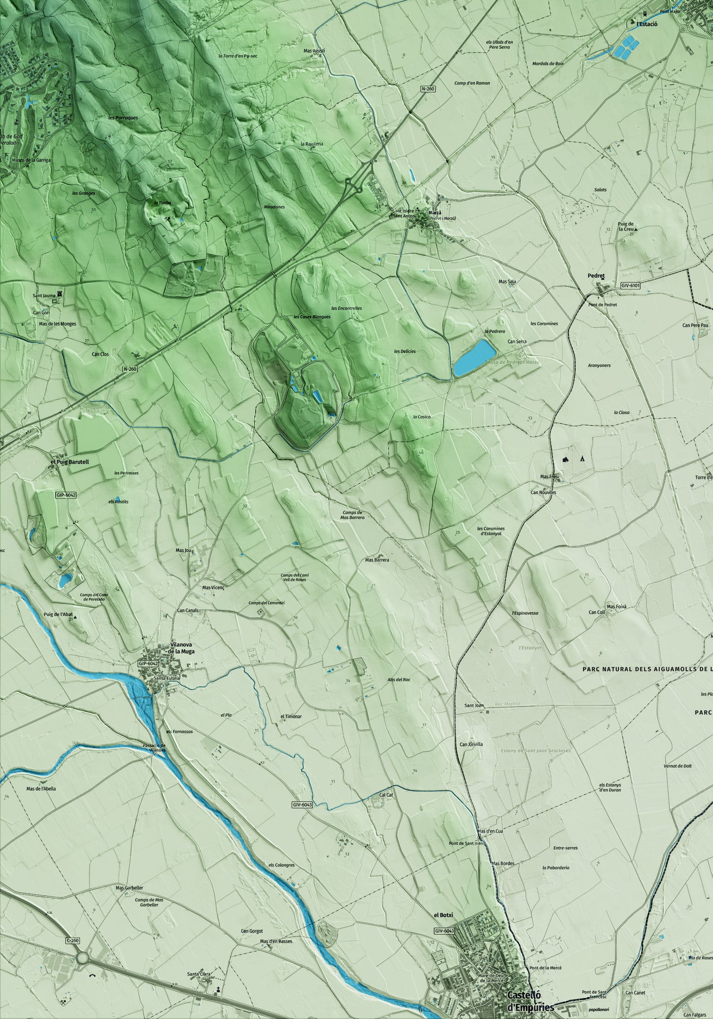Mapa artístico del relieve de Vilajuïga, al Alt Empordà, con 15 km de entorno y base topográfica ICGC. Detalle de la zona inferior izquierda.