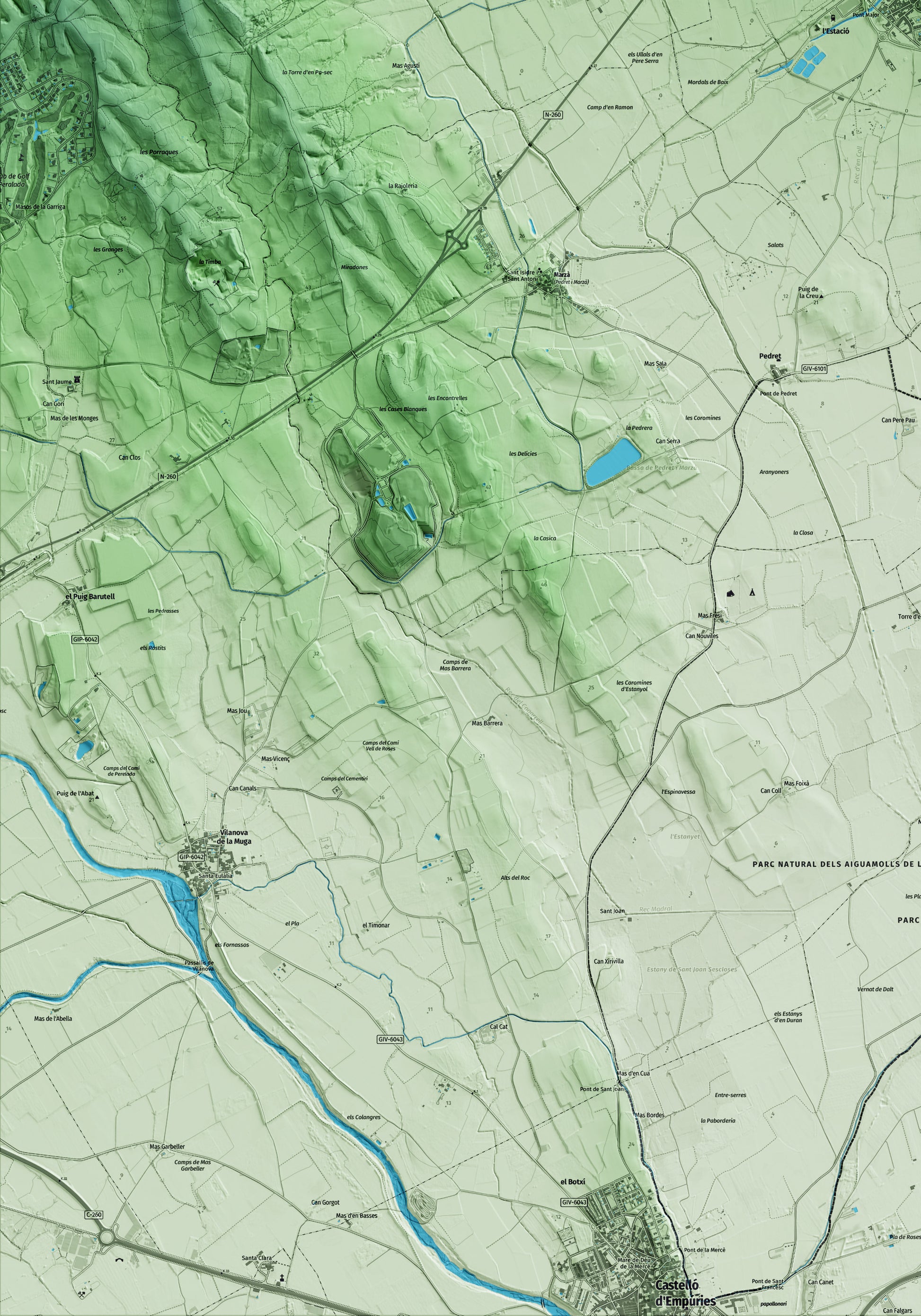 Mapa artístico del relieve de Vilajuïga, al Alt Empordà, con 15 km de entorno y base topográfica ICGC. Detalle de la zona inferior izquierda.