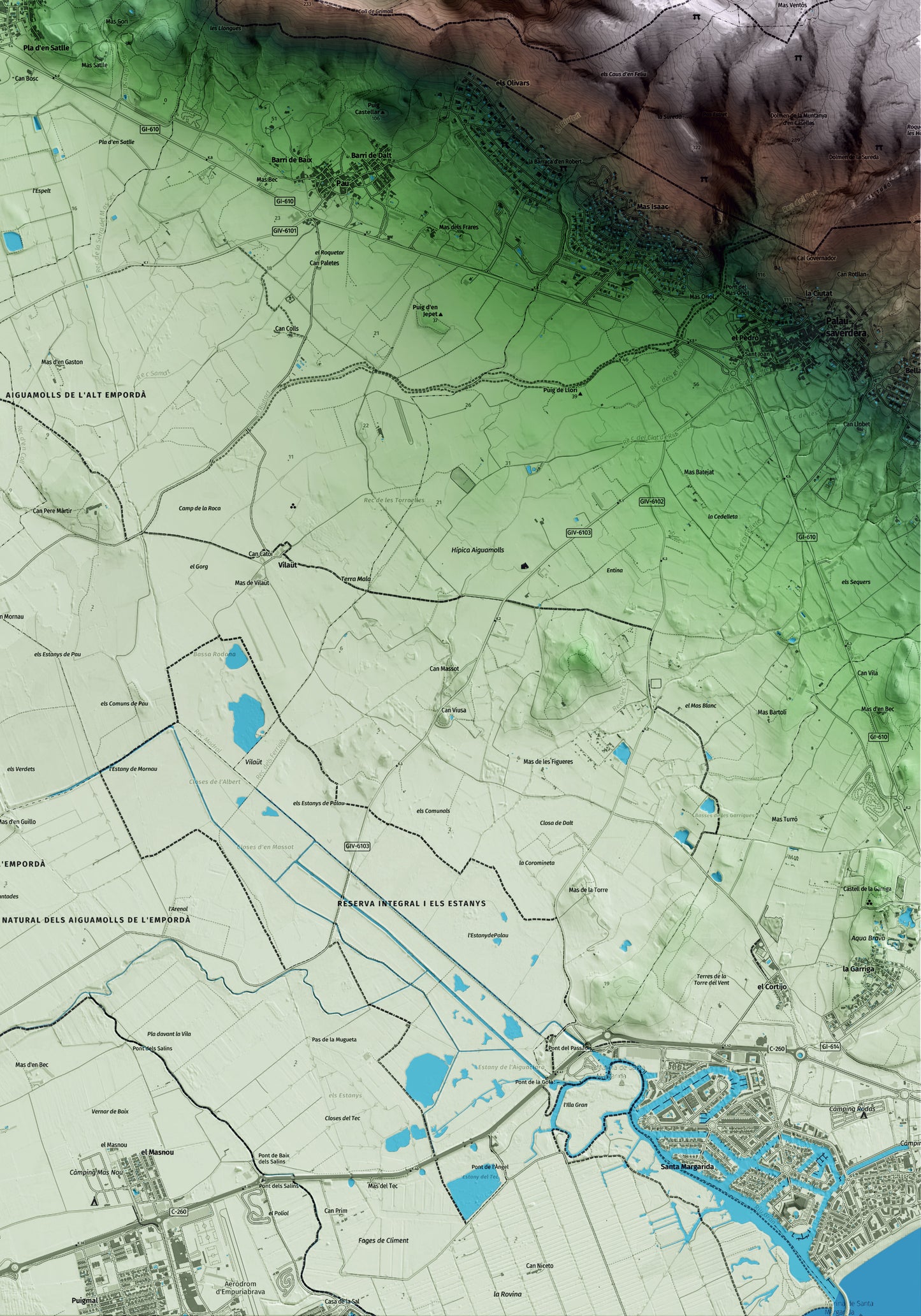 Mapa artístico del relieve de Vilajuïga, al Alt Empordà, con 15 km de entorno y base topográfica ICGC. Detalle de la zona inferior derecha.