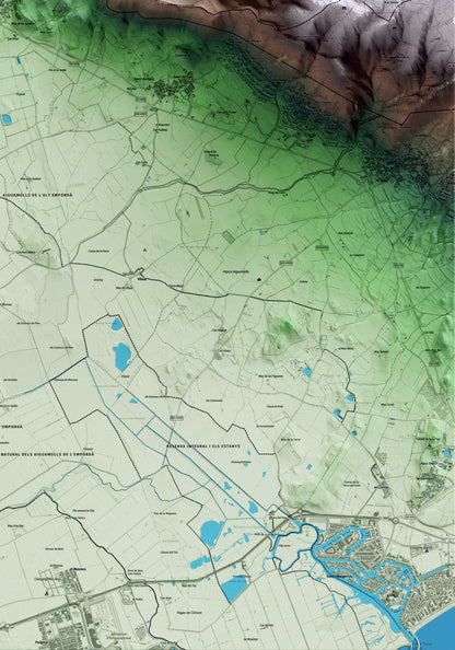 Mapa artístico del relieve de Vilajuïga, al Alt Empordà, con 15 km de entorno y base topográfica ICGC. Detalle de la zona inferior derecha.