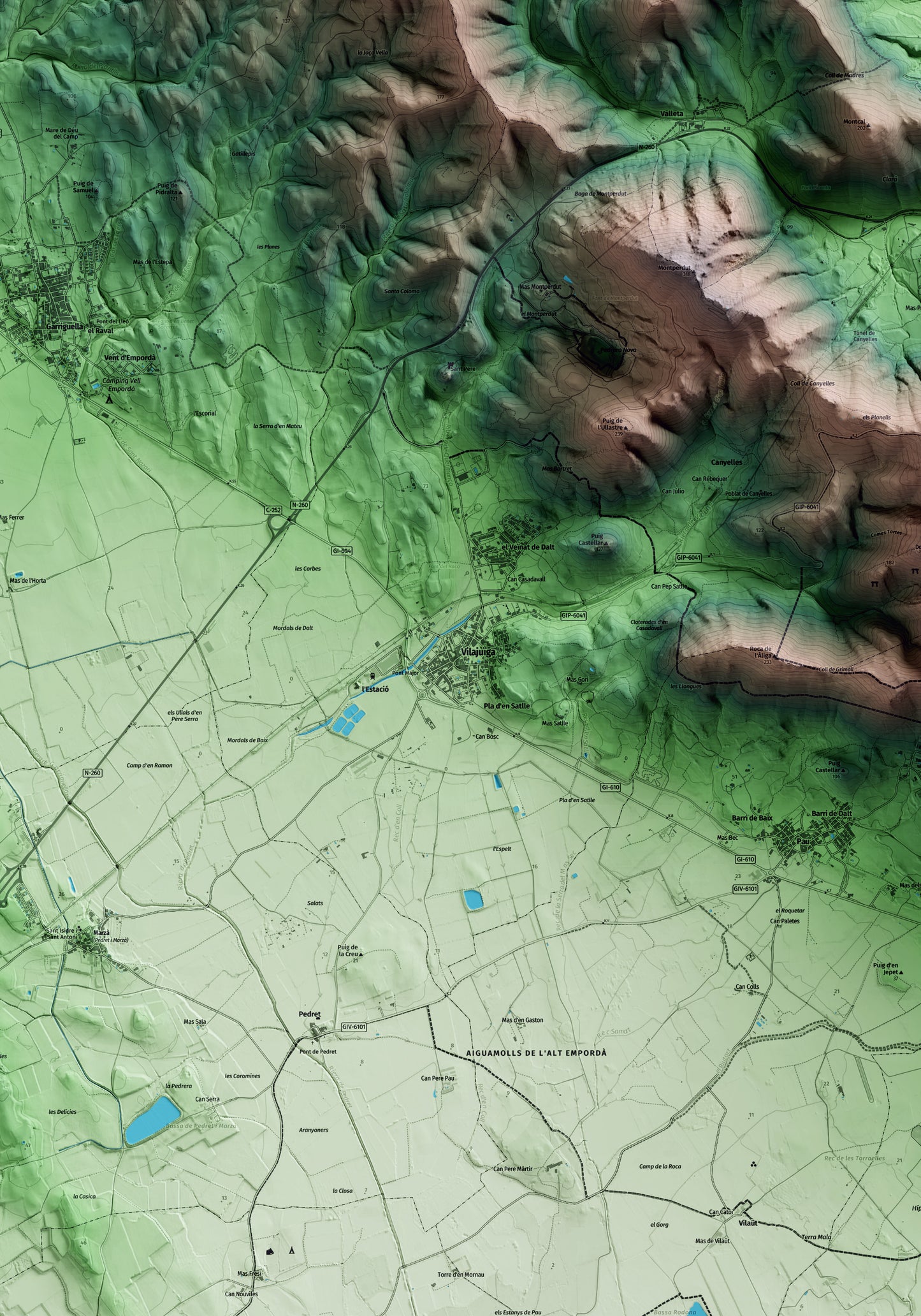Mapa artístico del relieve de Vilajuïga, al Alt Empordà, con 15 km de entorno y base topográfica ICGC. Detalle de la zona central.
