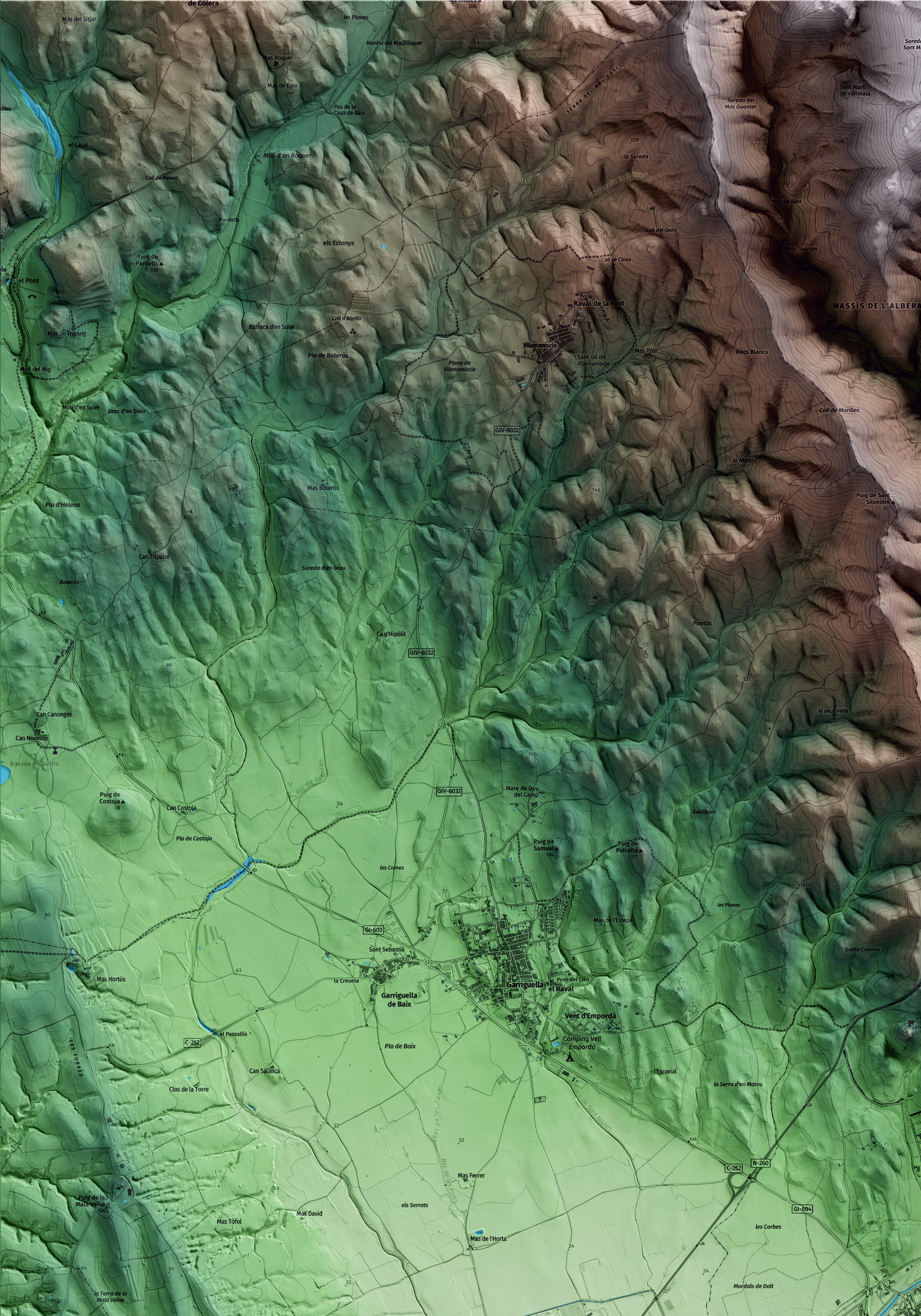 Mapa artístico del relieve de Vilajuïga, al Alt Empordà, con 15 km de entorno y base topográfica ICGC. Detalle de la zona superior izquierda.