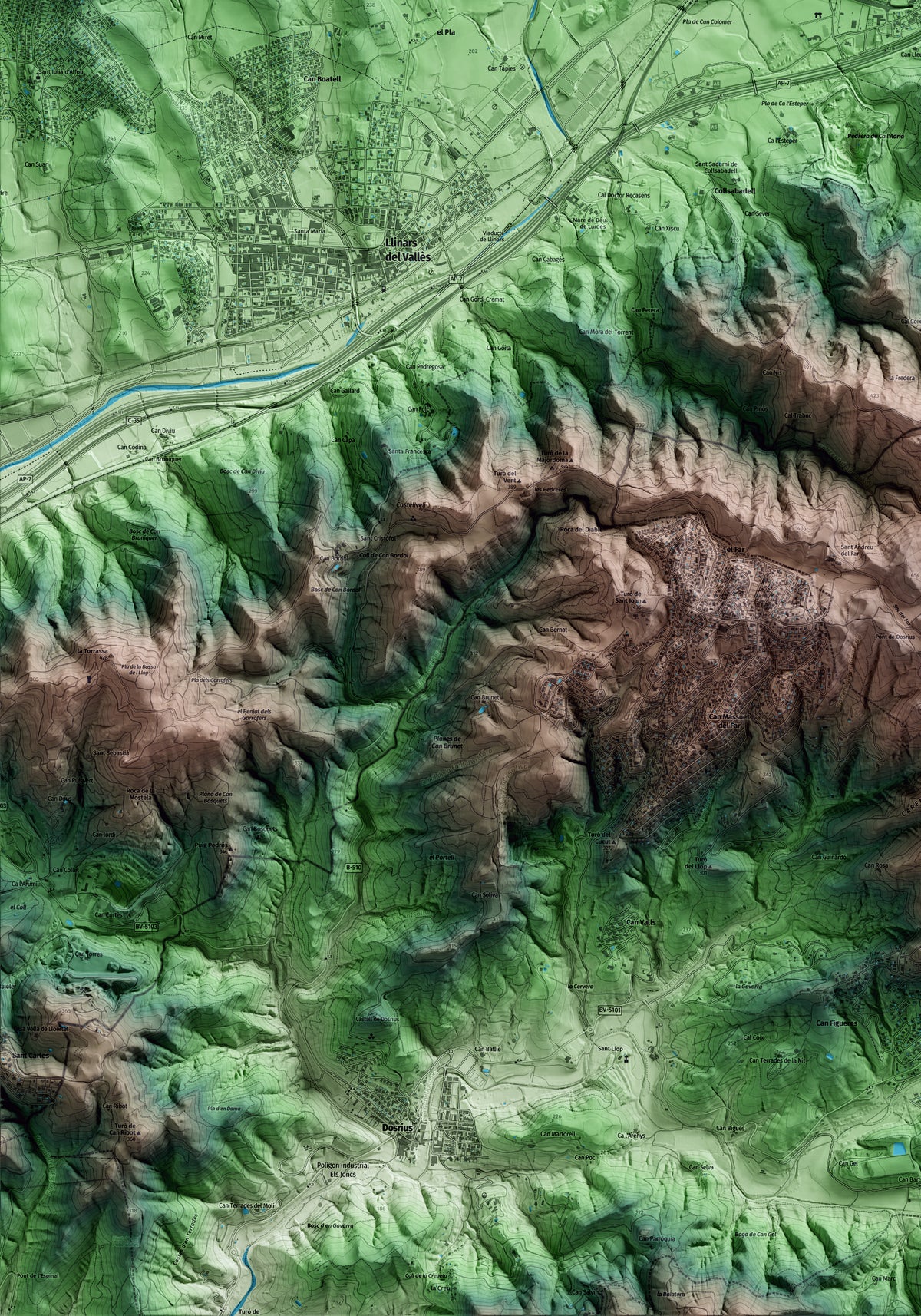 Mapa artístico del relieve de Vilalba Sasserra, al Vallès Oriental, con 15 km de entorno y base topográfica ICGC. Detalle de la zona inferior izquierda.