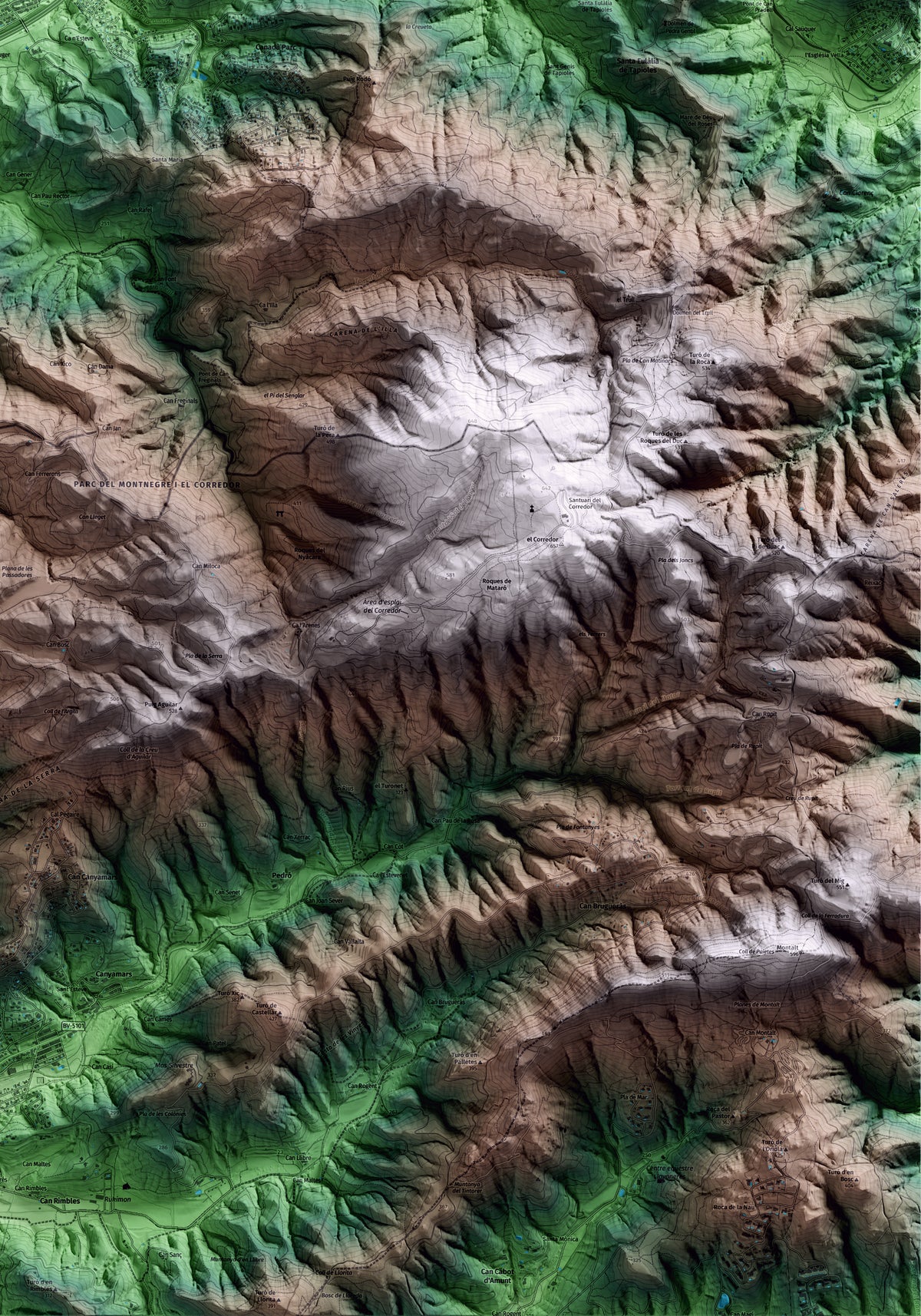 Mapa artístico del relieve de Vilalba Sasserra, al Vallès Oriental, con 15 km de entorno y base topográfica ICGC. Detalle de la zona inferior derecha.