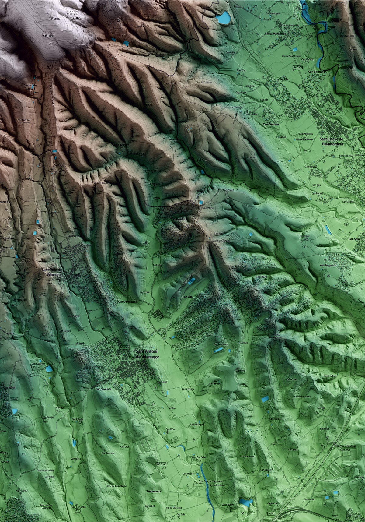Mapa artístico del relieve de Vilalba Sasserra, al Vallès Oriental, con 15 km de entorno y base topográfica ICGC. Detalle de la zona superior izquierda.