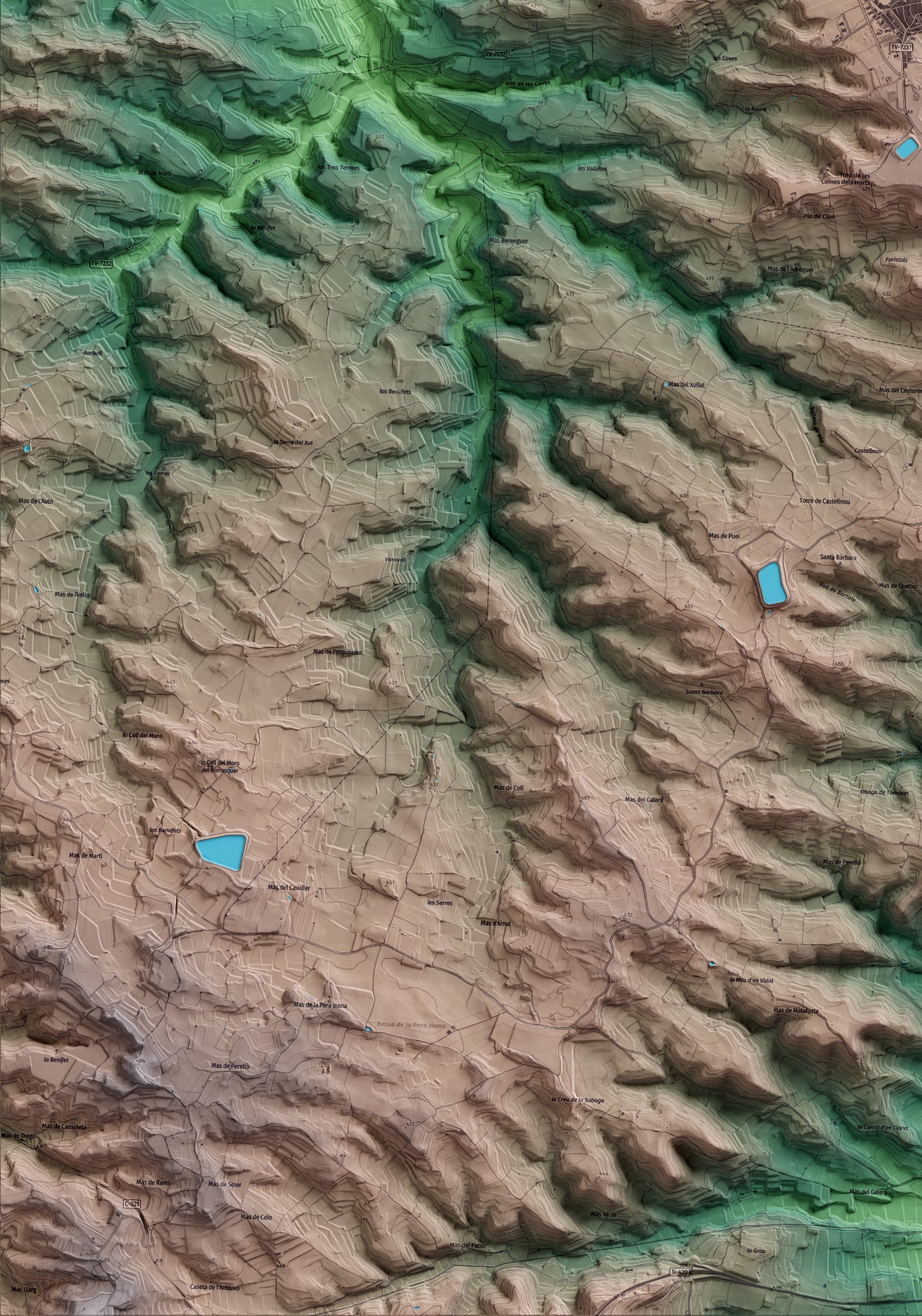 Mapa artístico del relieve de Vilalba dels Arcs, a la Terra Alta, con 15 km de entorno y base topográfica ICGC. Detalle de la zona inferior izquierda.