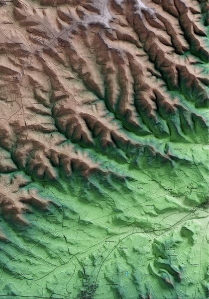 Mapa artístico del relieve de Vilalba dels Arcs, a la Terra Alta, con 15 km de entorno y base topográfica ICGC. Detalle de la zona inferior derecha.