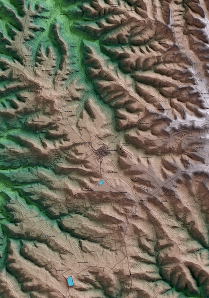 Mapa artístico del relieve de Vilalba dels Arcs, a la Terra Alta, con 15 km de entorno y base topográfica ICGC. Detalle de la zona central.