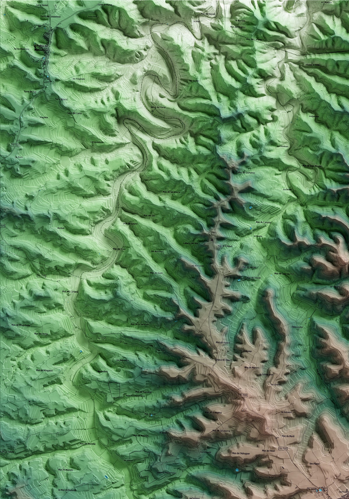 Mapa artístico del relieve de Vilalba dels Arcs, a la Terra Alta, con 15 km de entorno y base topográfica ICGC. Detalle de la zona superior izquierda.