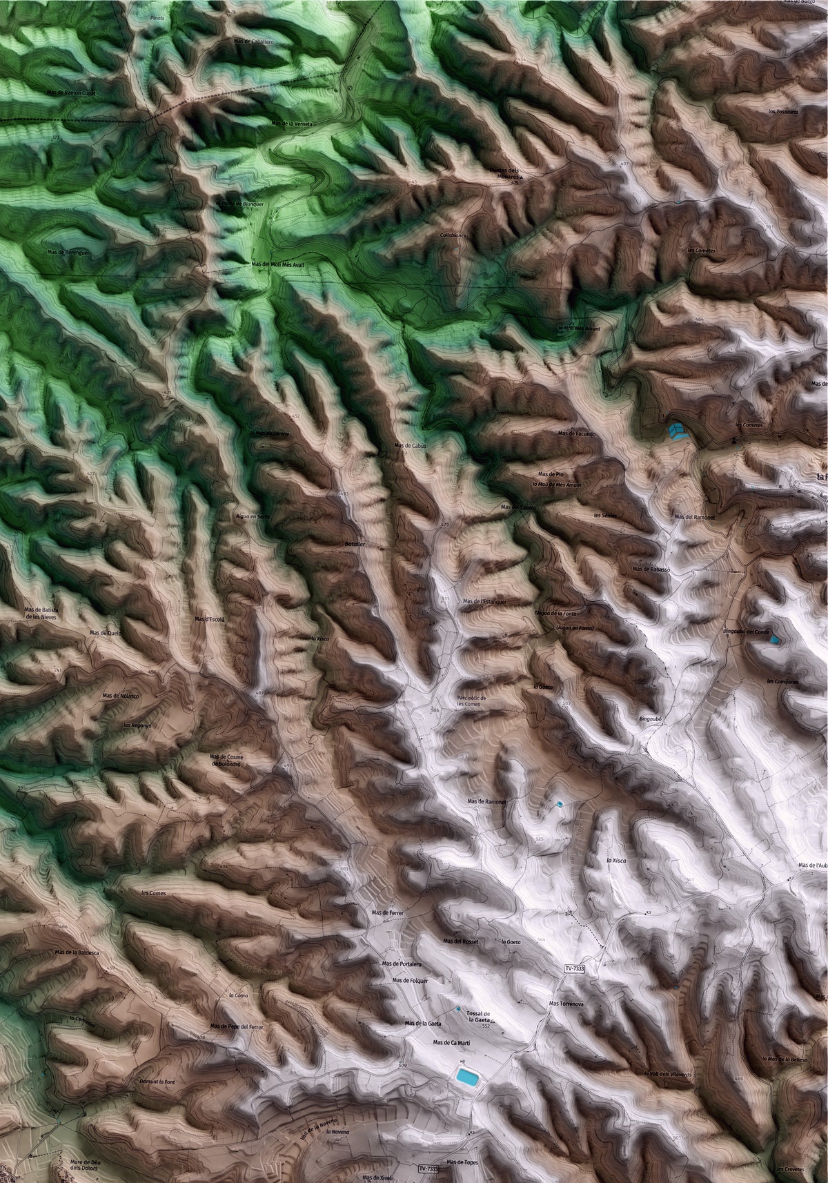 Mapa artístico del relieve de Vilalba dels Arcs, a la Terra Alta, con 15 km de entorno y base topográfica ICGC. Detalle de la zona superior derecha.