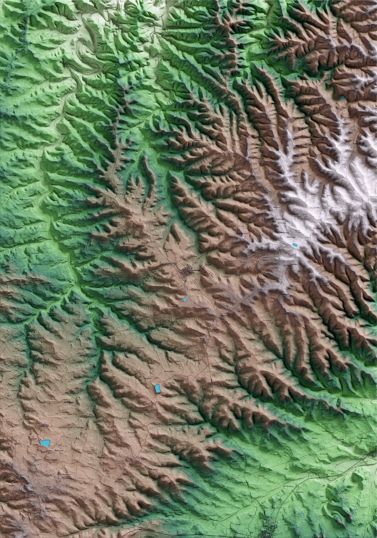 Mapa artístico del relieve de Vilalba dels Arcs, a la Terra Alta, con 15 km de entorno y base topográfica ICGC