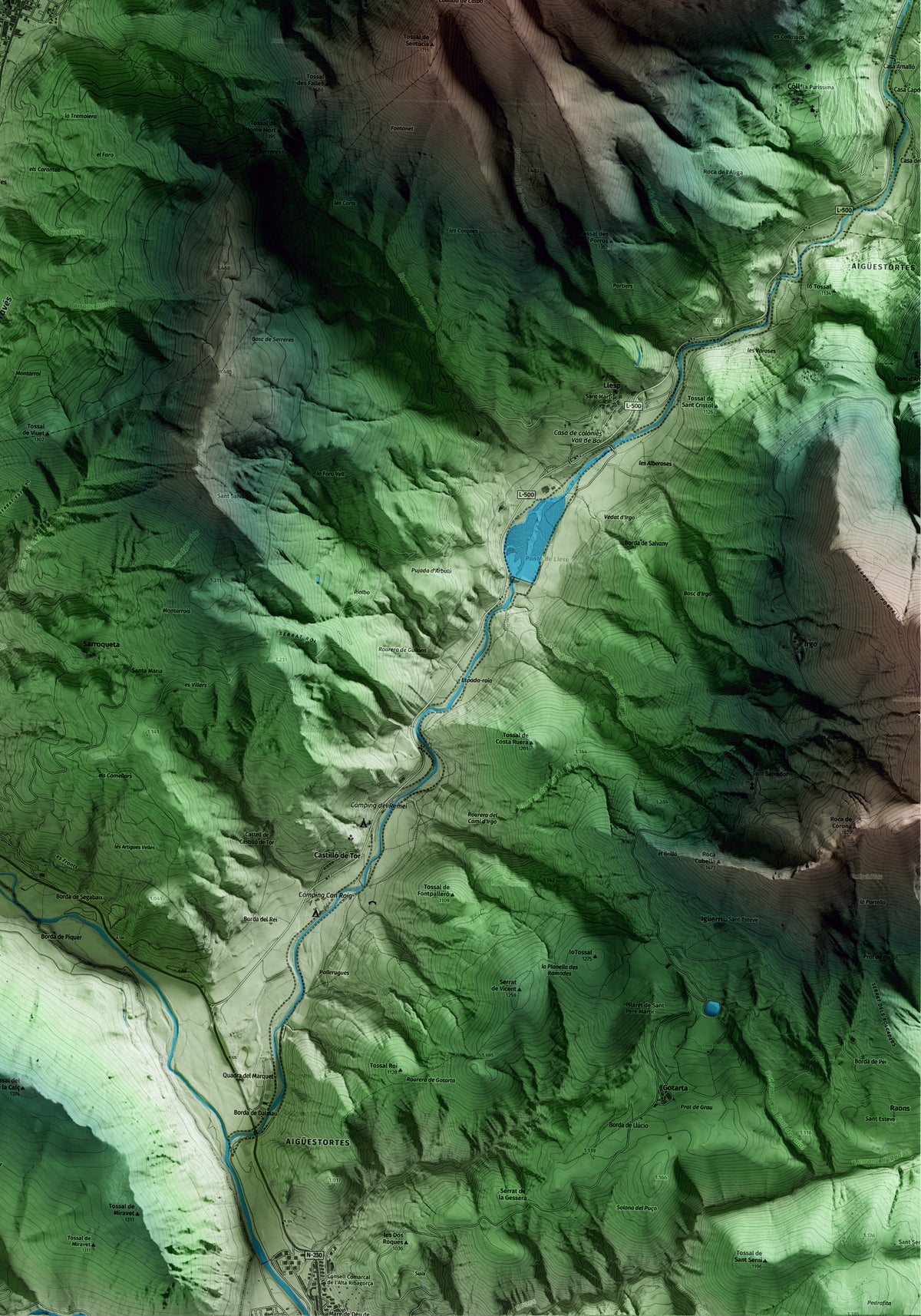 Mapa artístico del relieve de Vilaller, al Alta Ribagorça, con 15 km de entorno y base topográfica ICGC. Detalle de la zona inferior derecha.
