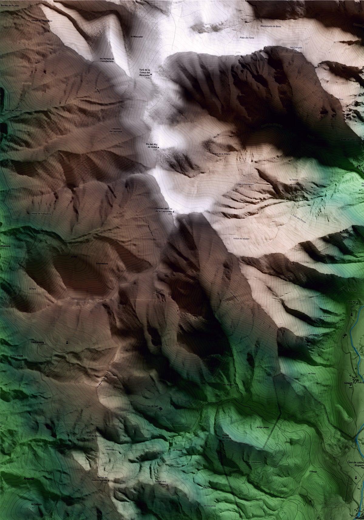 Mapa artístico del relieve de Vilaller, al Alta Ribagorça, con 15 km de entorno y base topográfica ICGC. Detalle de la zona superior izquierda.