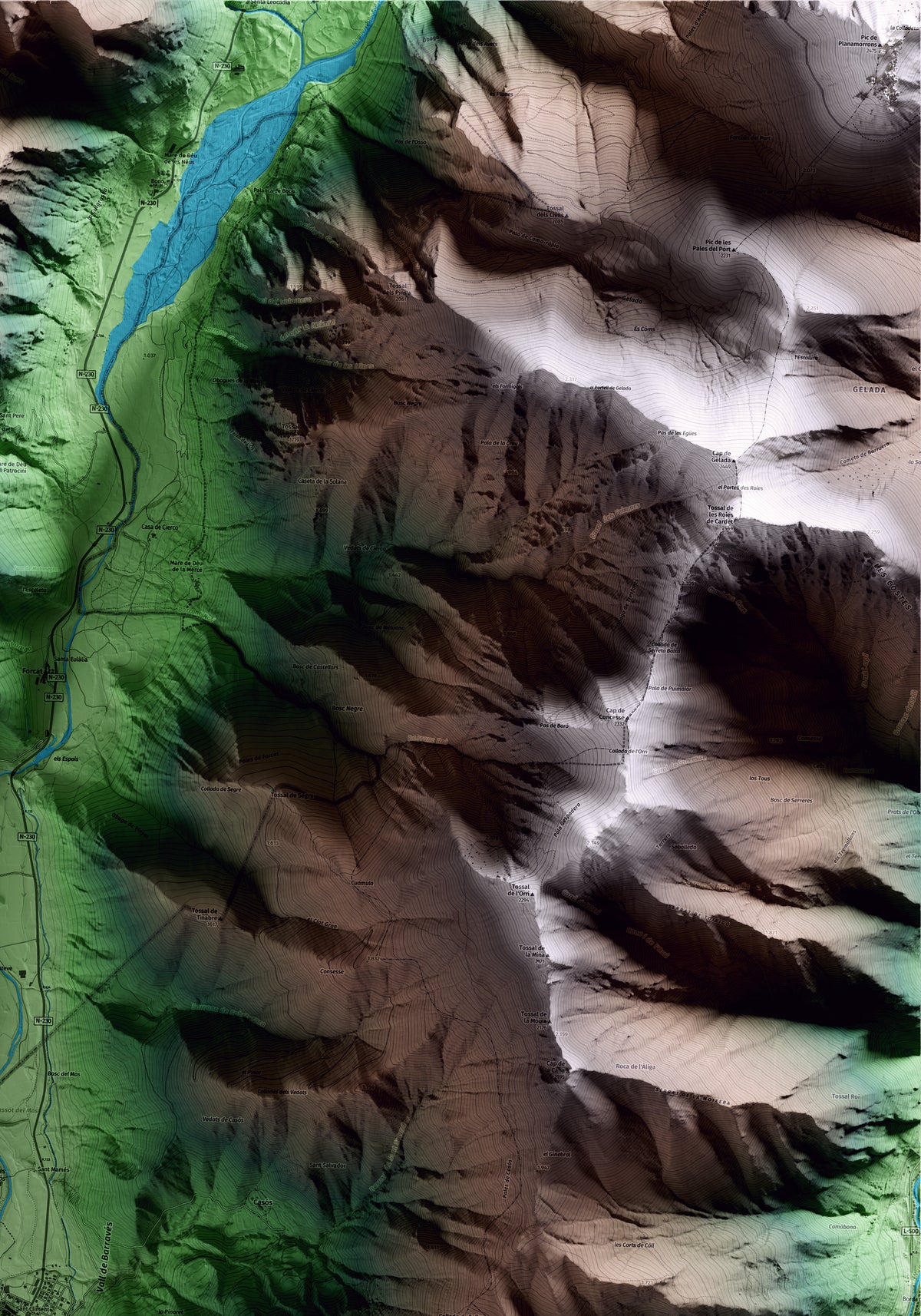 Mapa artístico del relieve de Vilaller, al Alta Ribagorça, con 15 km de entorno y base topográfica ICGC. Detalle de la zona superior derecha.