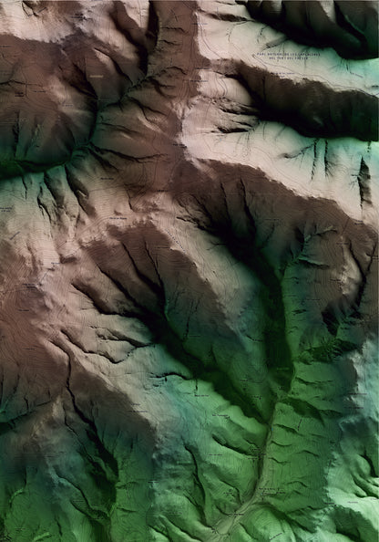 Mapa artístico del relieve de Vilallonga de Ter, al Ripollès, con 15 km de entorno y base topográfica ICGC. Detalle de la zona superior derecha.