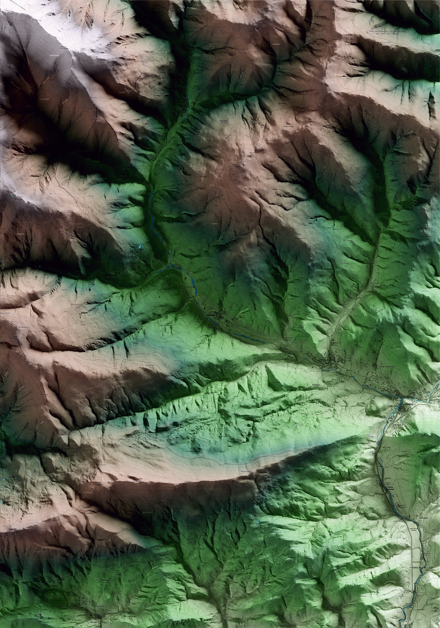 Mapa artístico del relieve de Vilallonga de Ter, al Ripollès, con 15 km de entorno y base topográfica ICGC