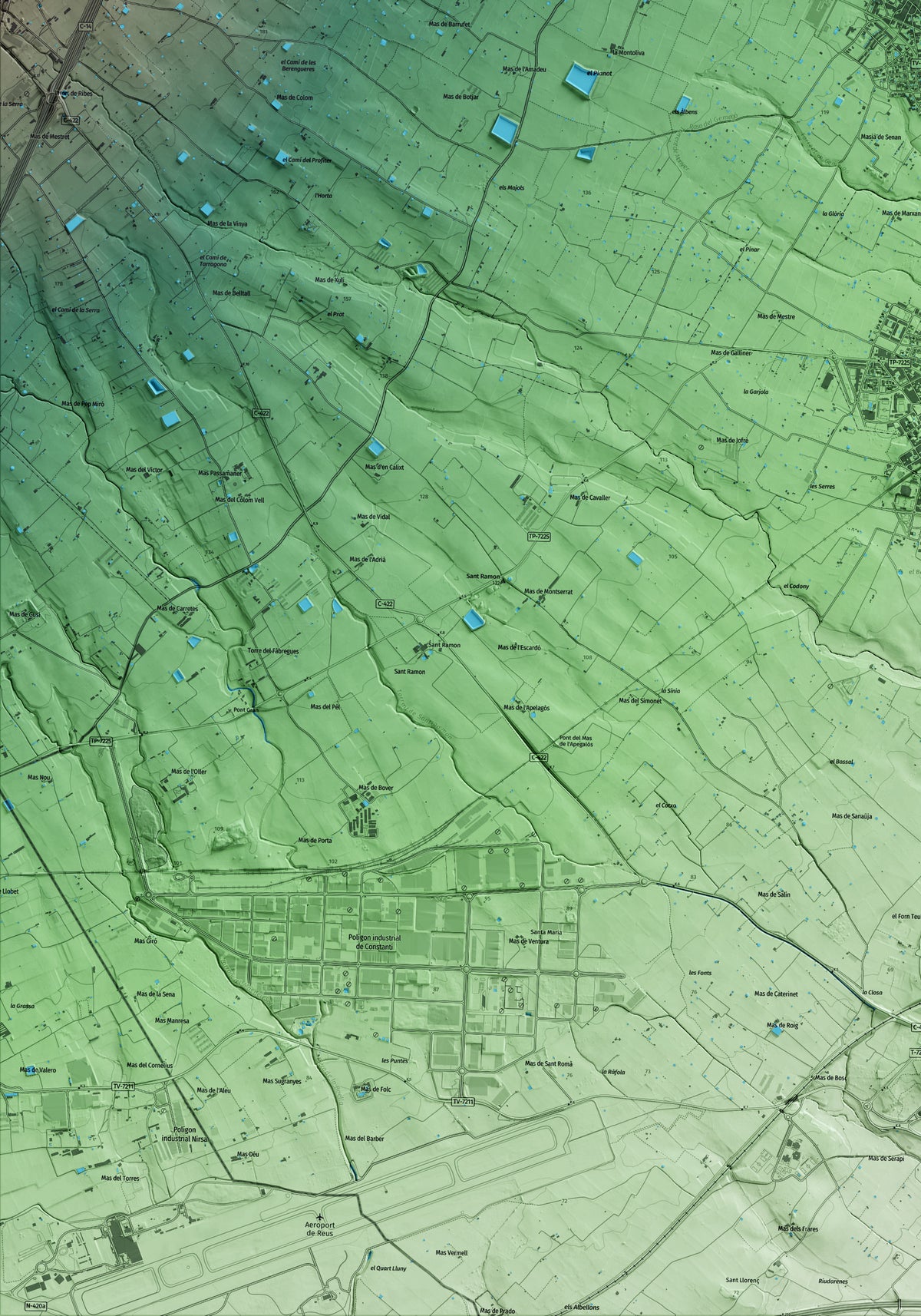 Mapa artístico del relieve de Vilallonga del Camp, al Tarragonès, con 15 km de entorno y base topográfica ICGC. Detalle de la zona inferior izquierda.