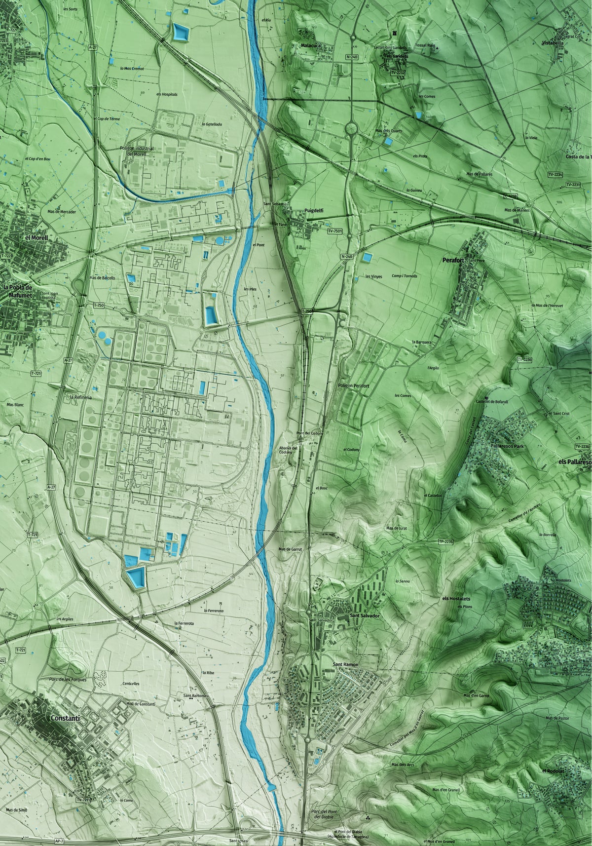 Mapa artístico del relieve de Vilallonga del Camp, al Tarragonès, con 15 km de entorno y base topográfica ICGC. Detalle de la zona inferior derecha.