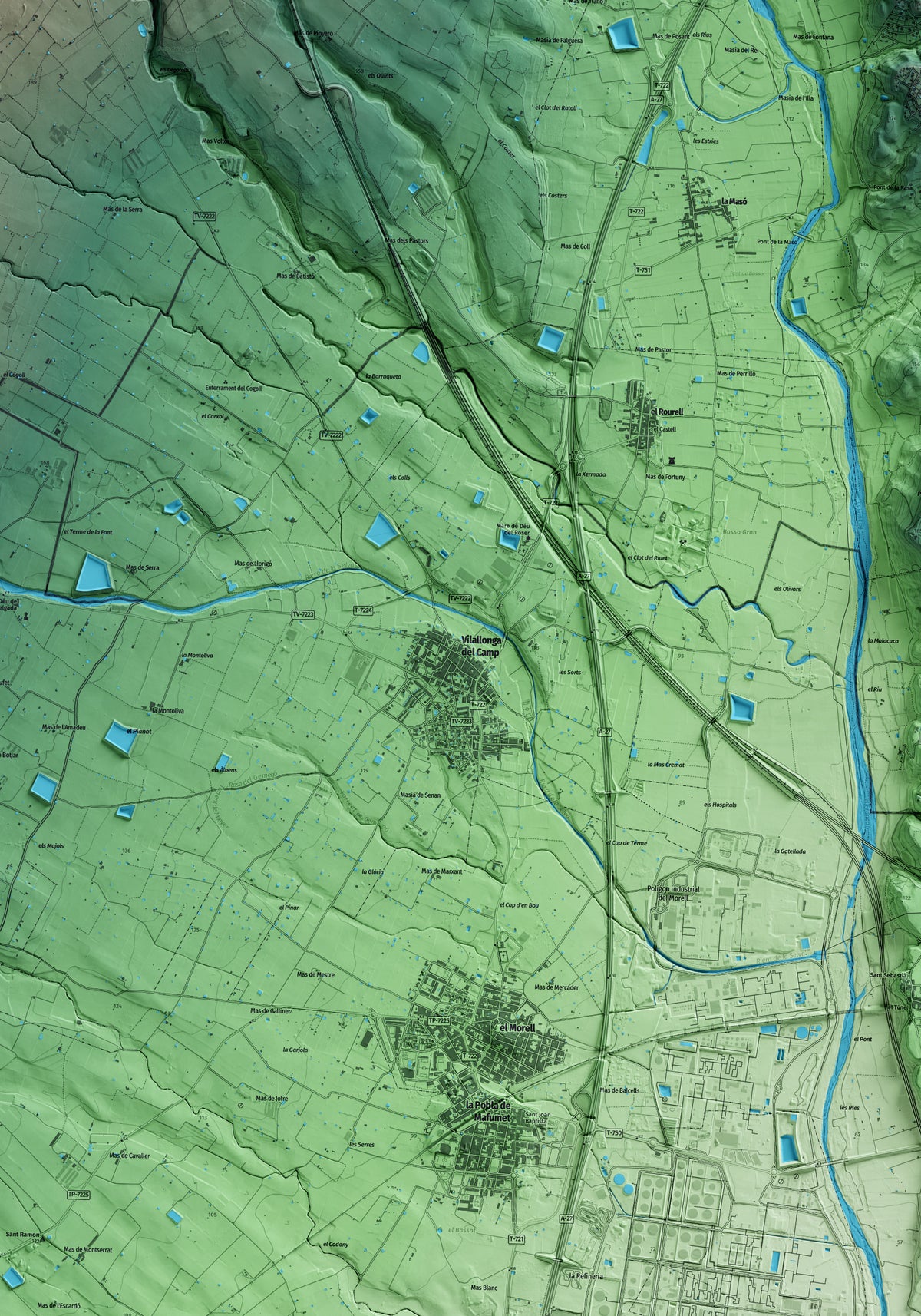Mapa artístico del relieve de Vilallonga del Camp, al Tarragonès, con 15 km de entorno y base topográfica ICGC. Detalle de la zona central.