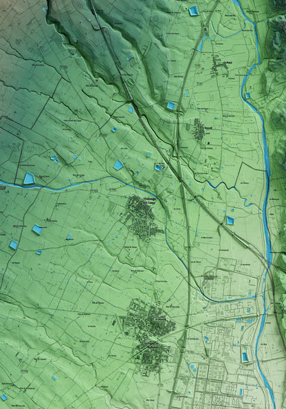 Mapa artístico del relieve de Vilallonga del Camp, al Tarragonès, con 15 km de entorno y base topográfica ICGC. Detalle de la zona central.