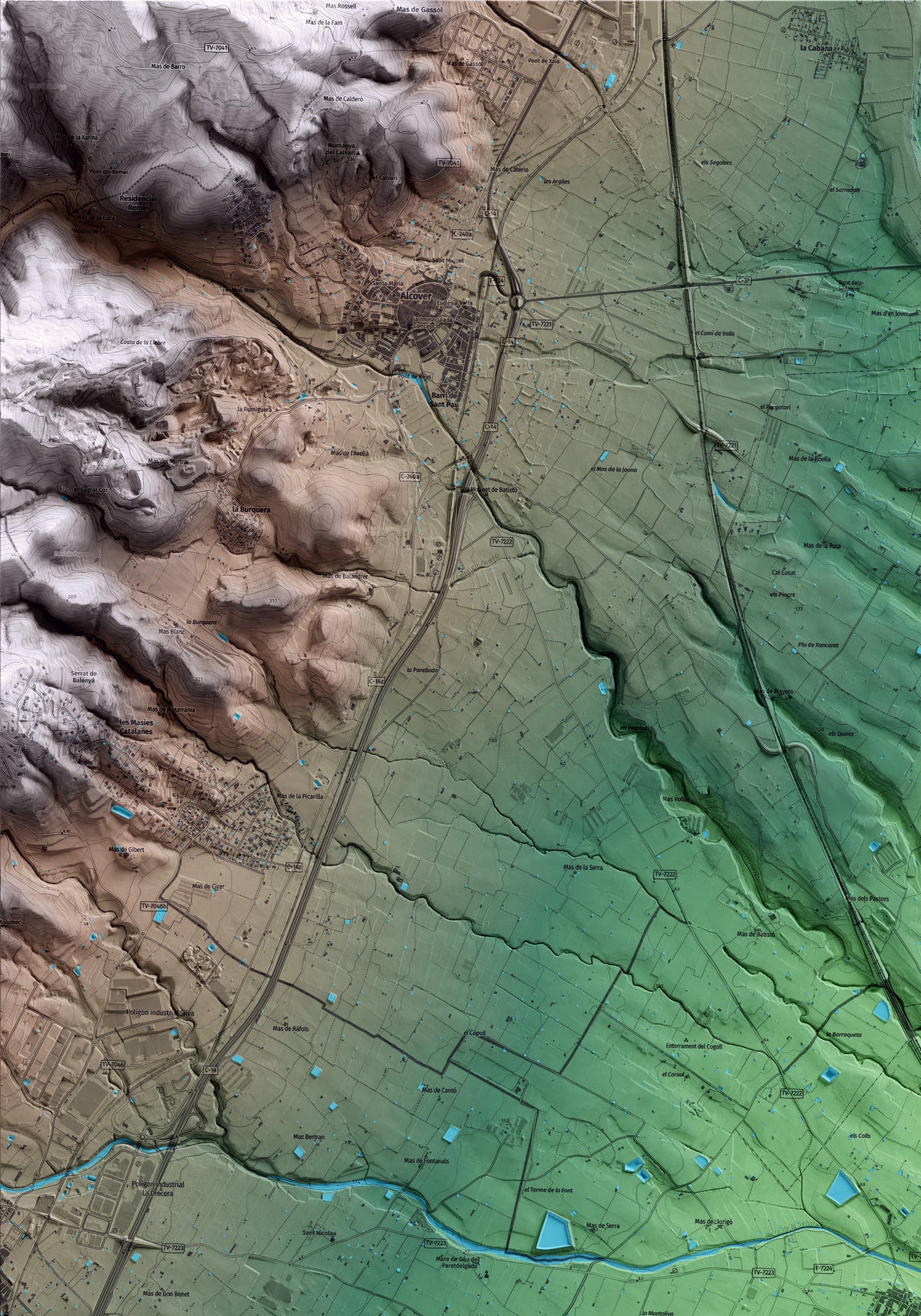 Mapa artístico del relieve de Vilallonga del Camp, al Tarragonès, con 15 km de entorno y base topográfica ICGC. Detalle de la zona superior izquierda.