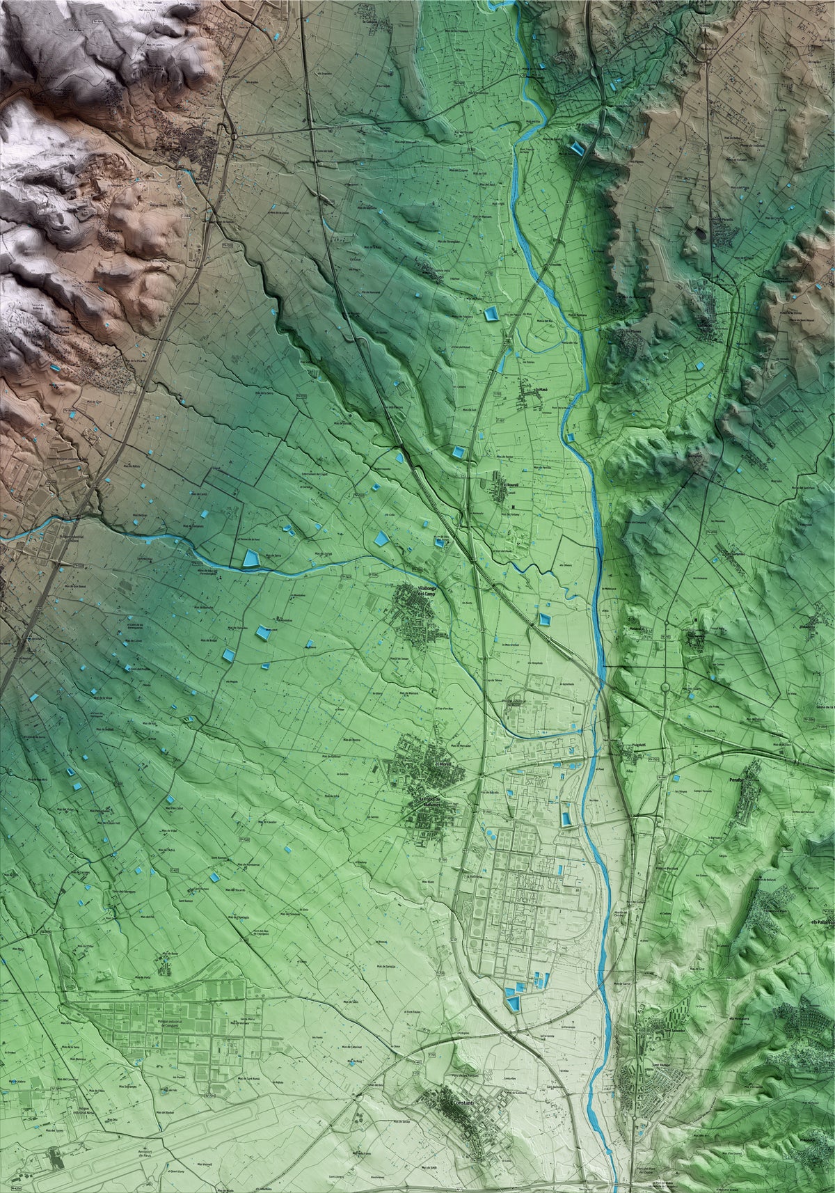 Mapa artístico del relieve de Vilallonga del Camp, al Tarragonès, con 15 km de entorno y base topográfica ICGC