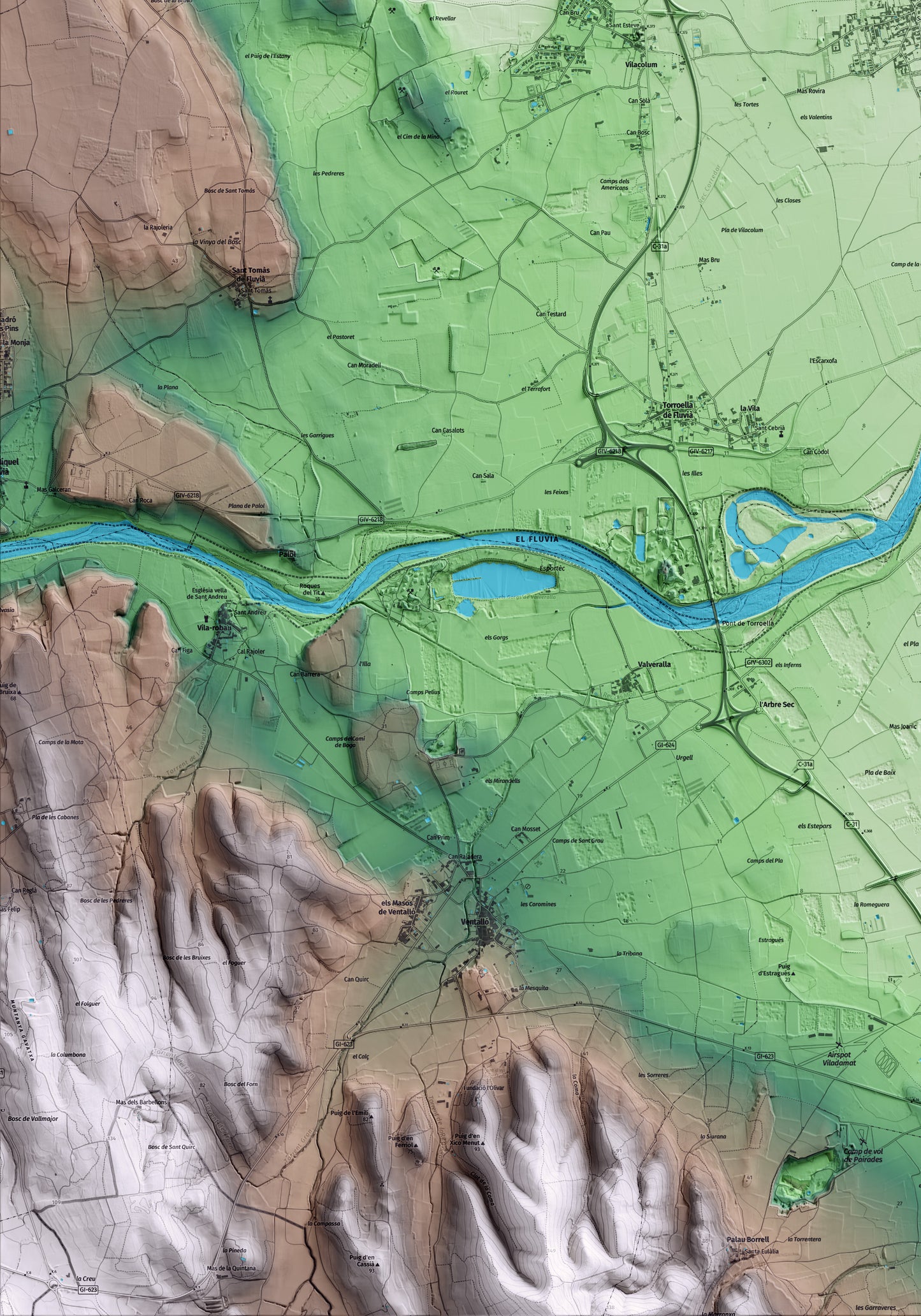 Mapa artístico del relieve de Vilamacolum, al Alt Empordà, con 15 km de entorno y base topográfica ICGC. Detalle de la zona inferior izquierda.