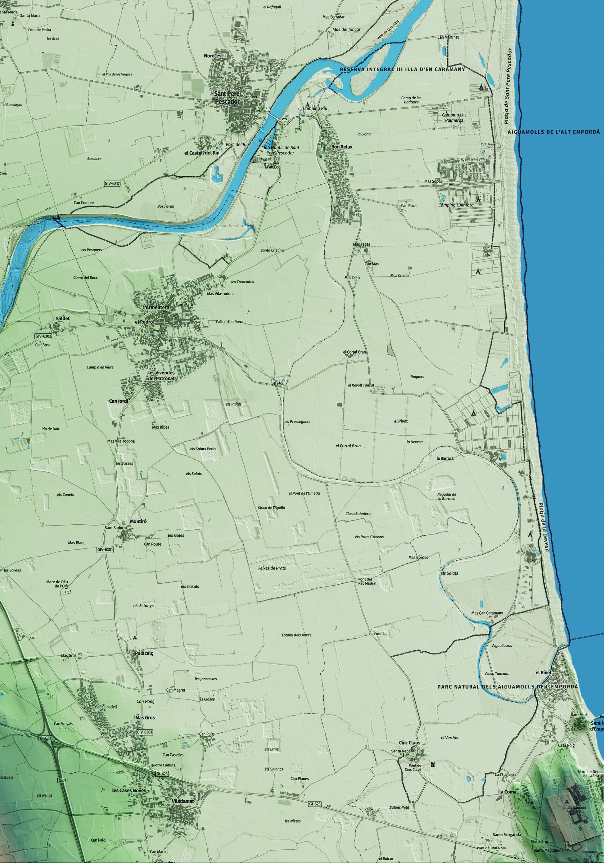 Mapa artístico del relieve de Vilamacolum, al Alt Empordà, con 15 km de entorno y base topográfica ICGC. Detalle de la zona inferior derecha.