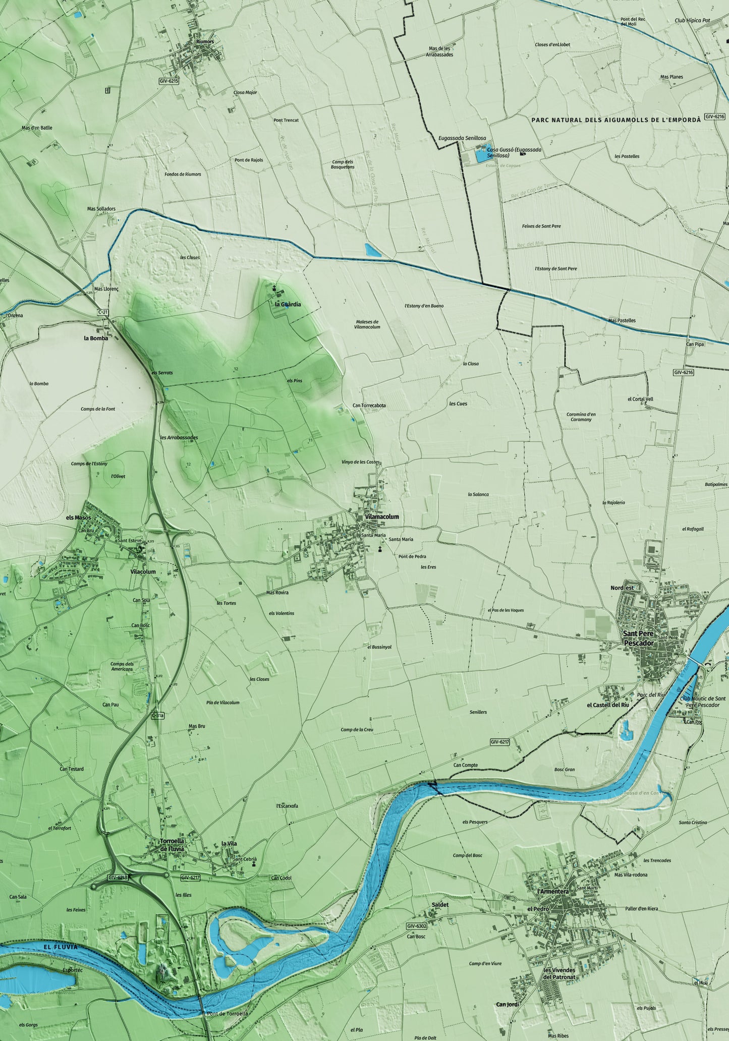 Mapa artístico del relieve de Vilamacolum, al Alt Empordà, con 15 km de entorno y base topográfica ICGC. Detalle de la zona central.