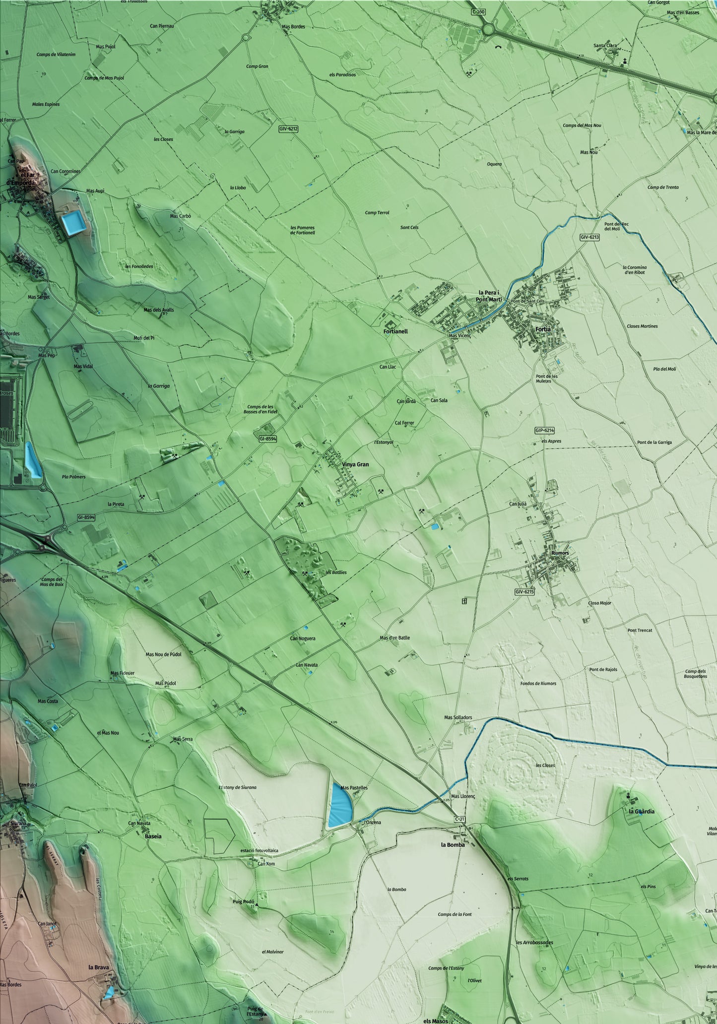 Mapa artístico del relieve de Vilamacolum, al Alt Empordà, con 15 km de entorno y base topográfica ICGC. Detalle de la zona superior izquierda.