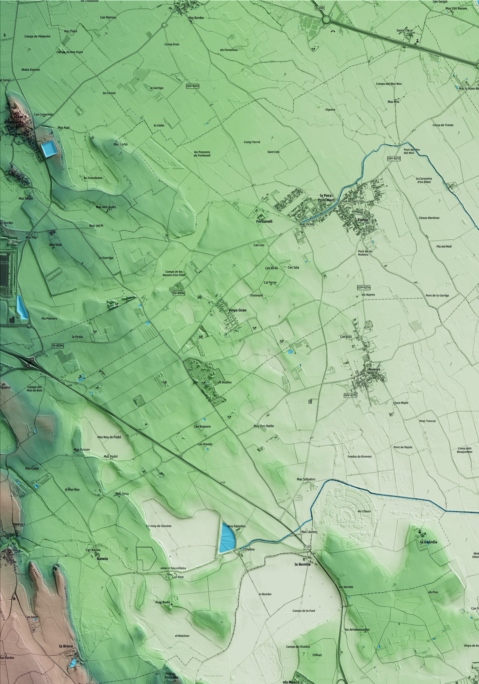 Mapa artístico del relieve de Vilamacolum, al Alt Empordà, con 15 km de entorno y base topográfica ICGC. Detalle de la zona superior izquierda.