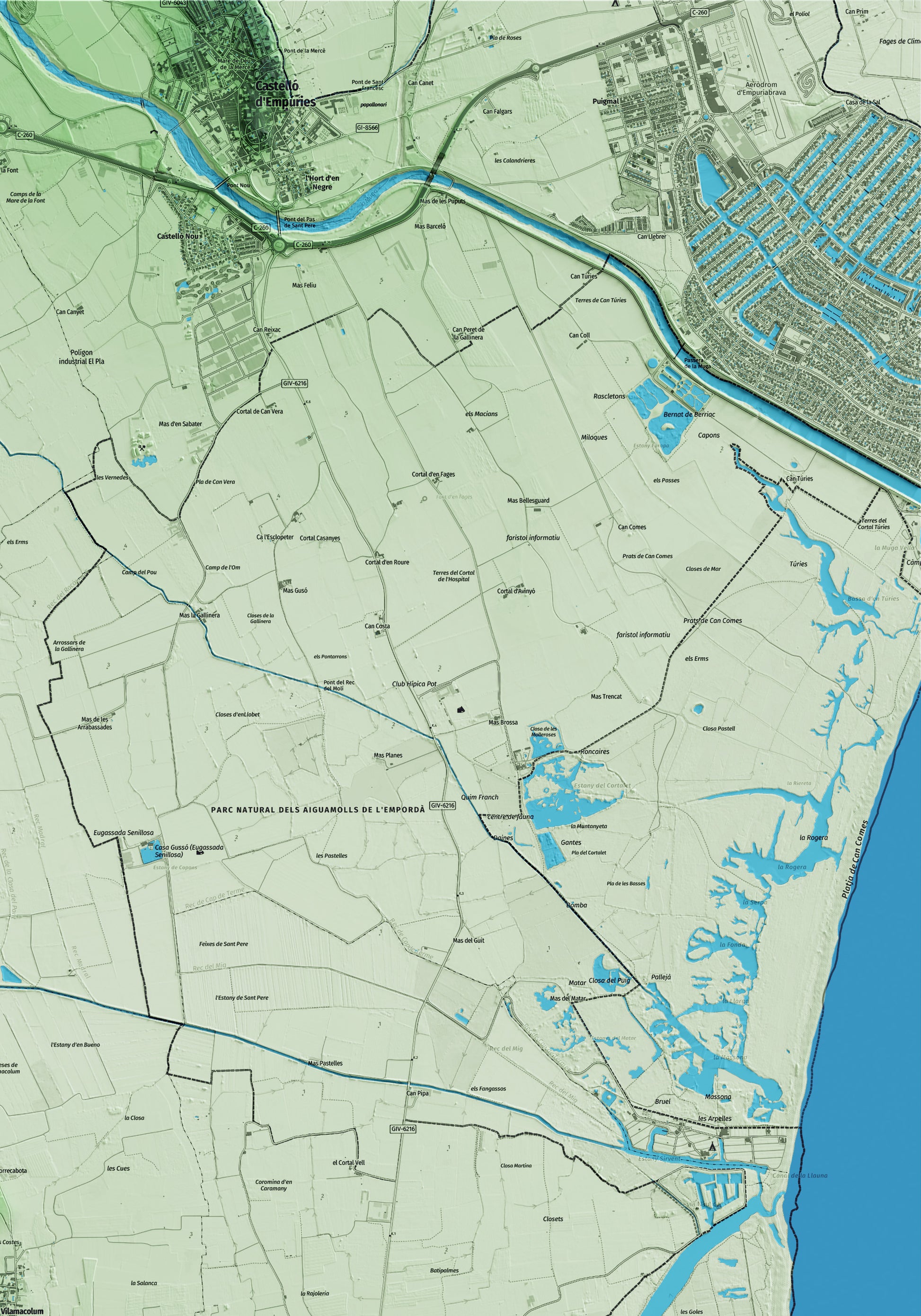 Mapa artístico del relieve de Vilamacolum, al Alt Empordà, con 15 km de entorno y base topográfica ICGC. Detalle de la zona superior derecha.