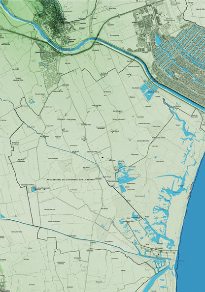 Mapa artístico del relieve de Vilamacolum, al Alt Empordà, con 15 km de entorno y base topográfica ICGC. Detalle de la zona superior derecha.
